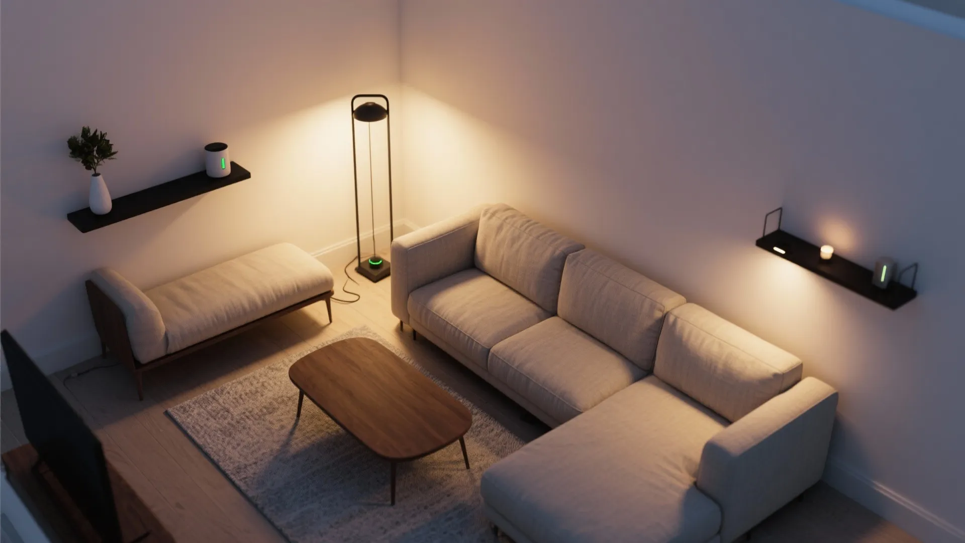 Layered cordless lighting for L-shaped seating