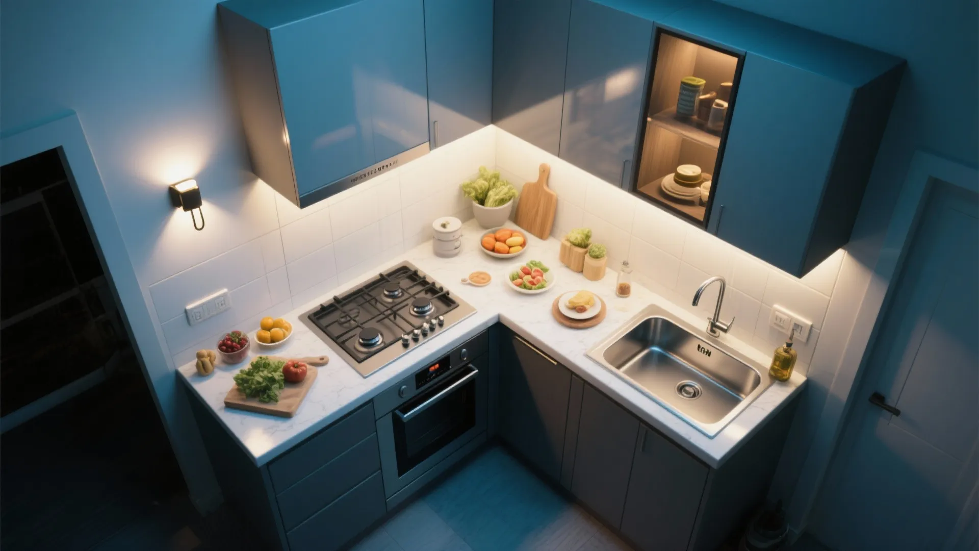 L-shaped layout with layered wall lighting