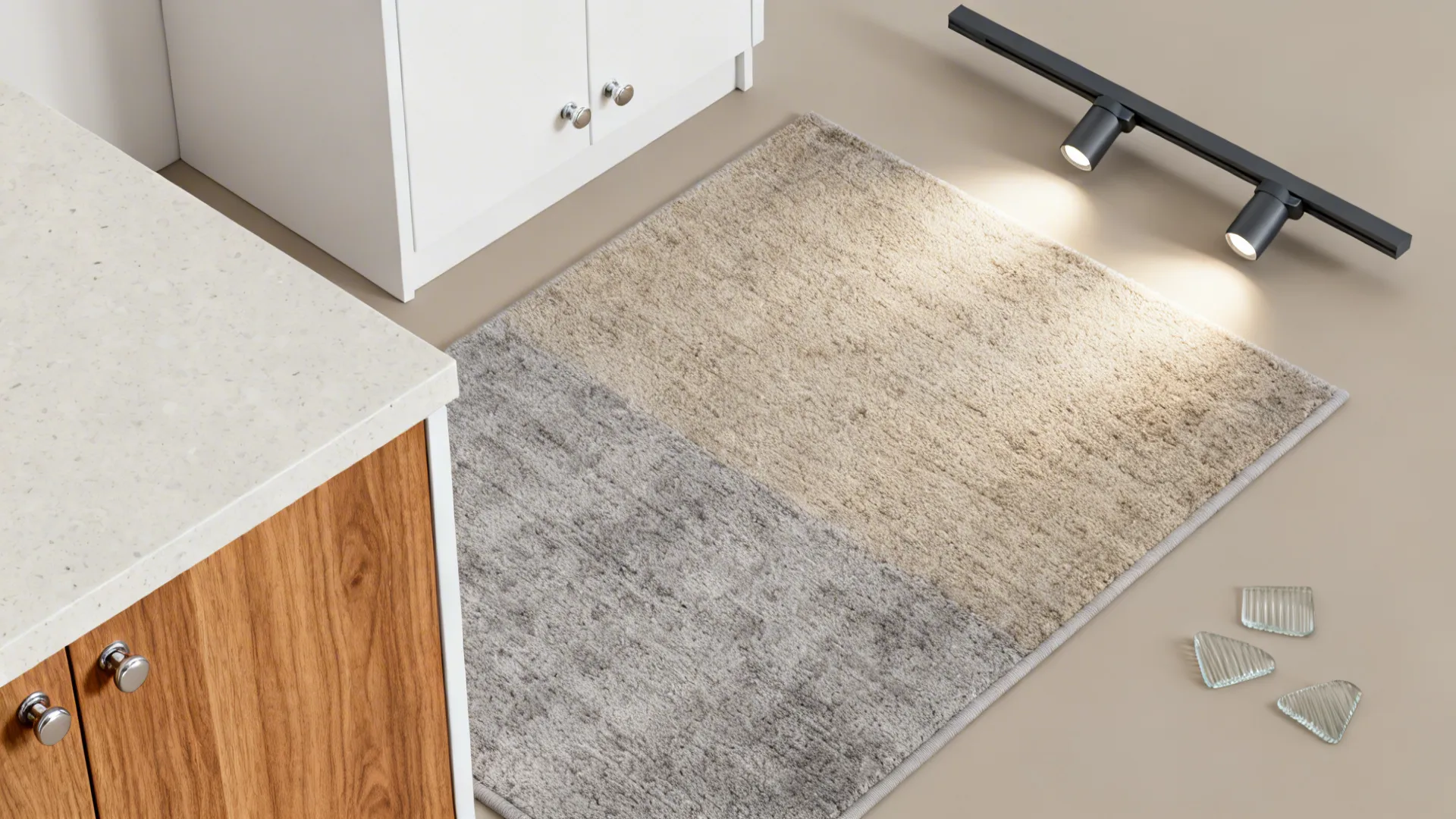 Flat lay of matte white, warm oak, light quartz, rug swatch, and satin nickel finishes for an L-shaped space.