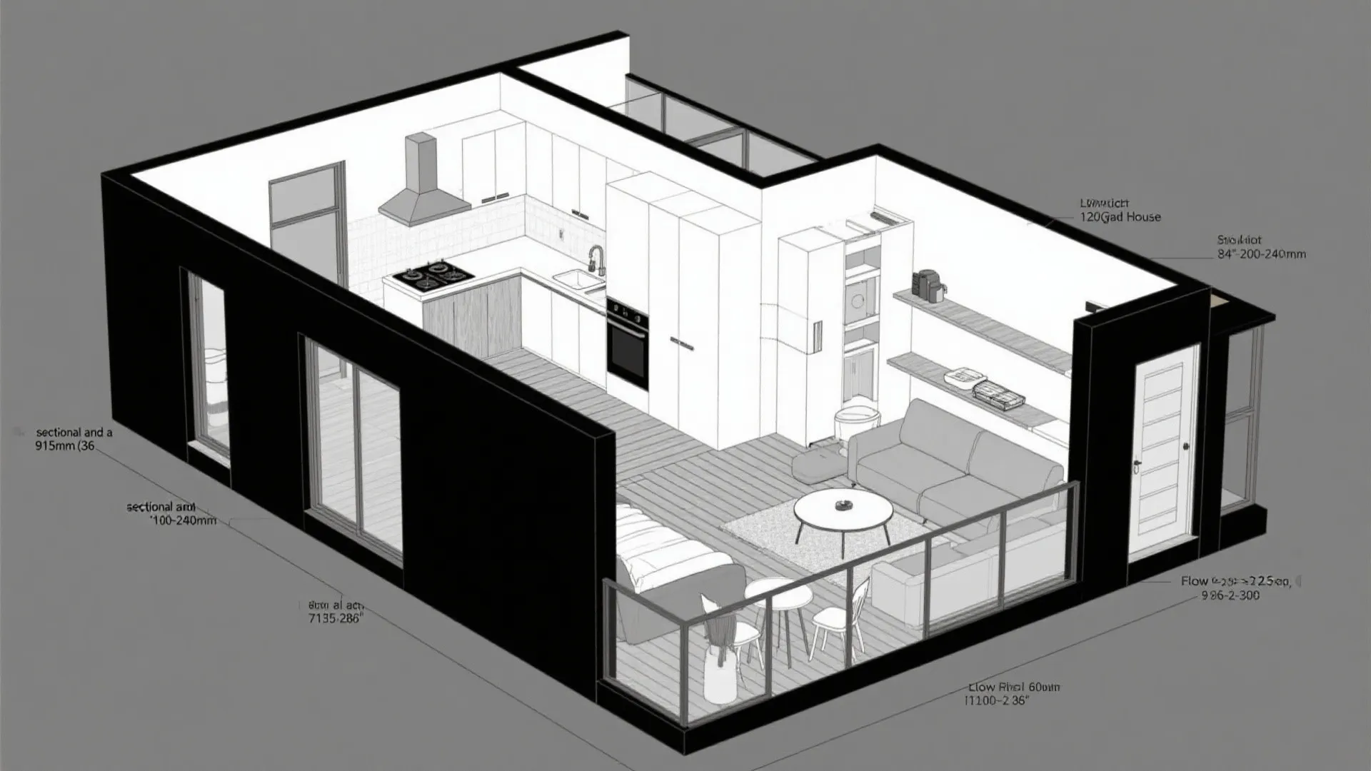 Top-down CAD plan showing L-shaped living around a micro-deck