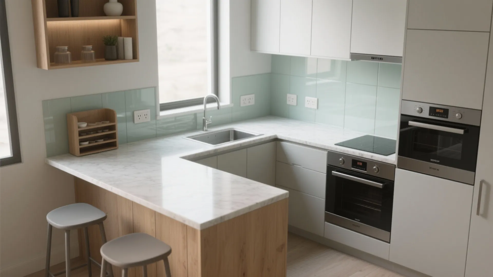 Modern white U-shaped kitchen with marble countertop wooden breakfast bar grey stools and built-in appliances
