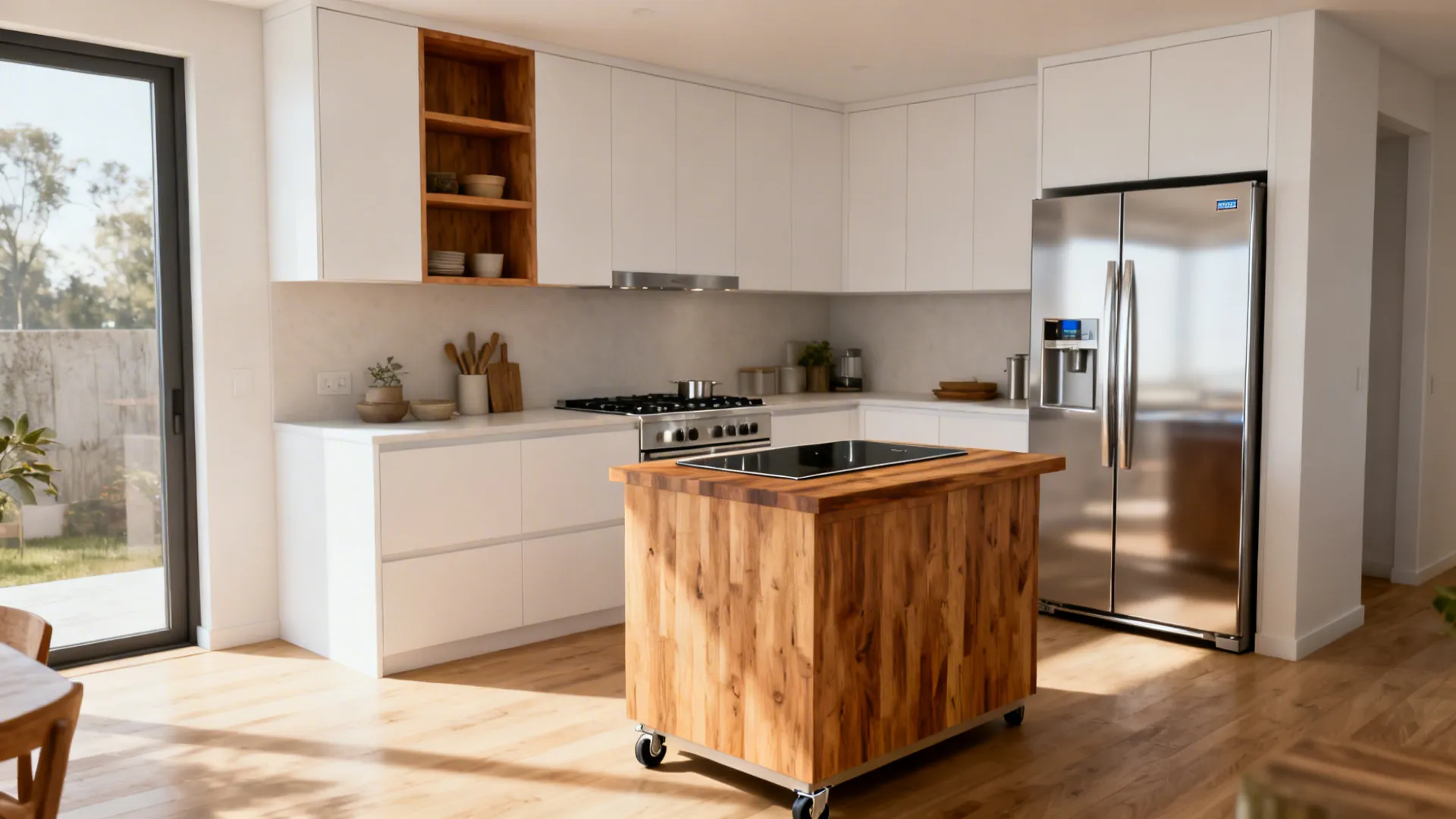 Small L-shaped kitchen with a movable butcher-block island and clear circulation aisles.