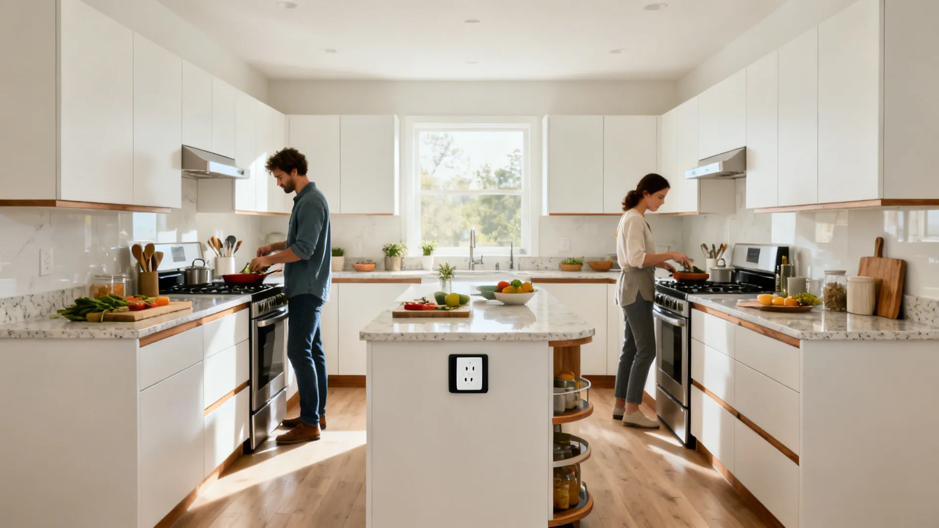 L-shaped kitchen with a narrow island and clear aisles in a compact 10x10 space.