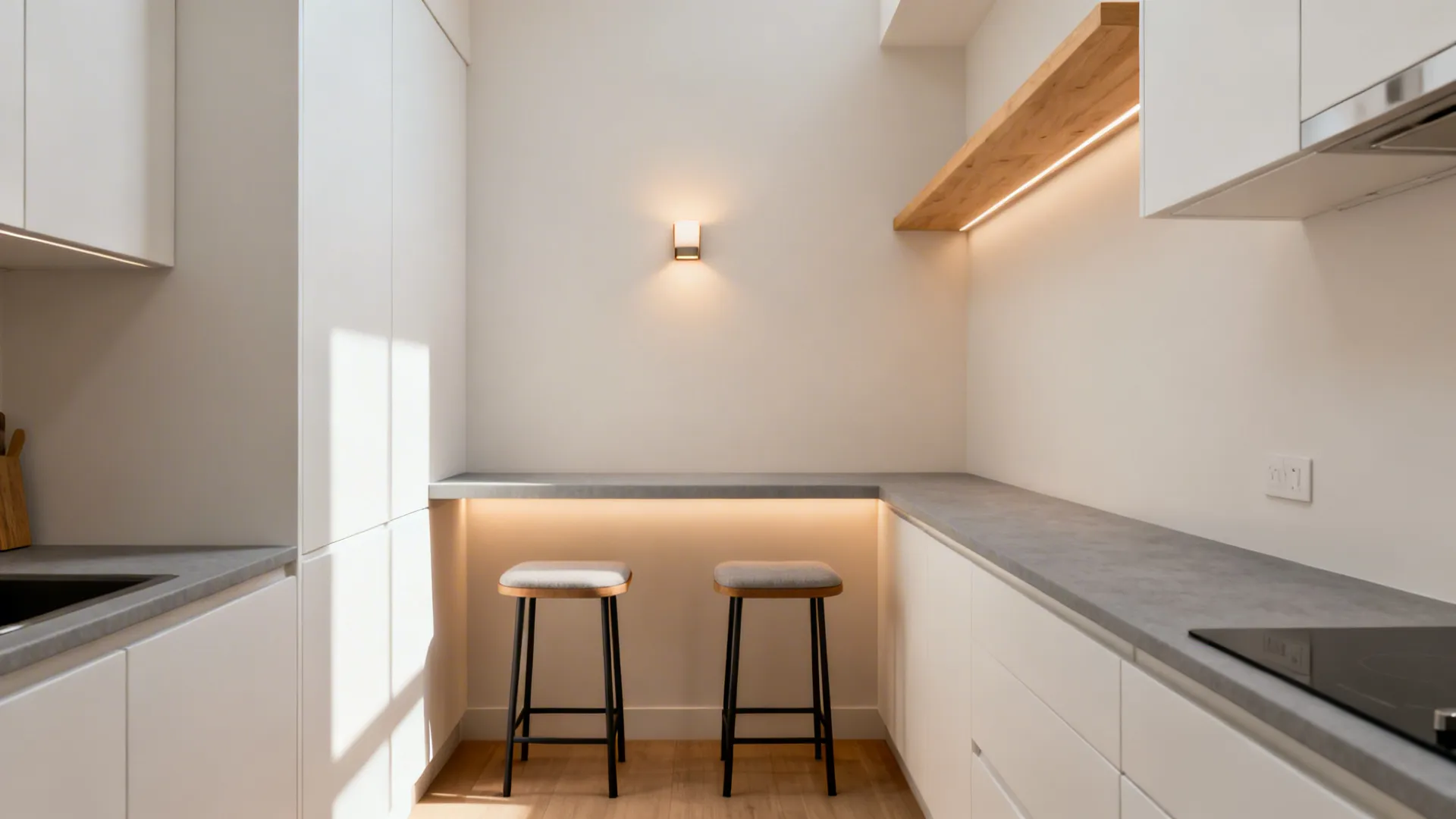 Compact L-shaped 36-inch breakfast nook with two seats in a clean galley kitchen.