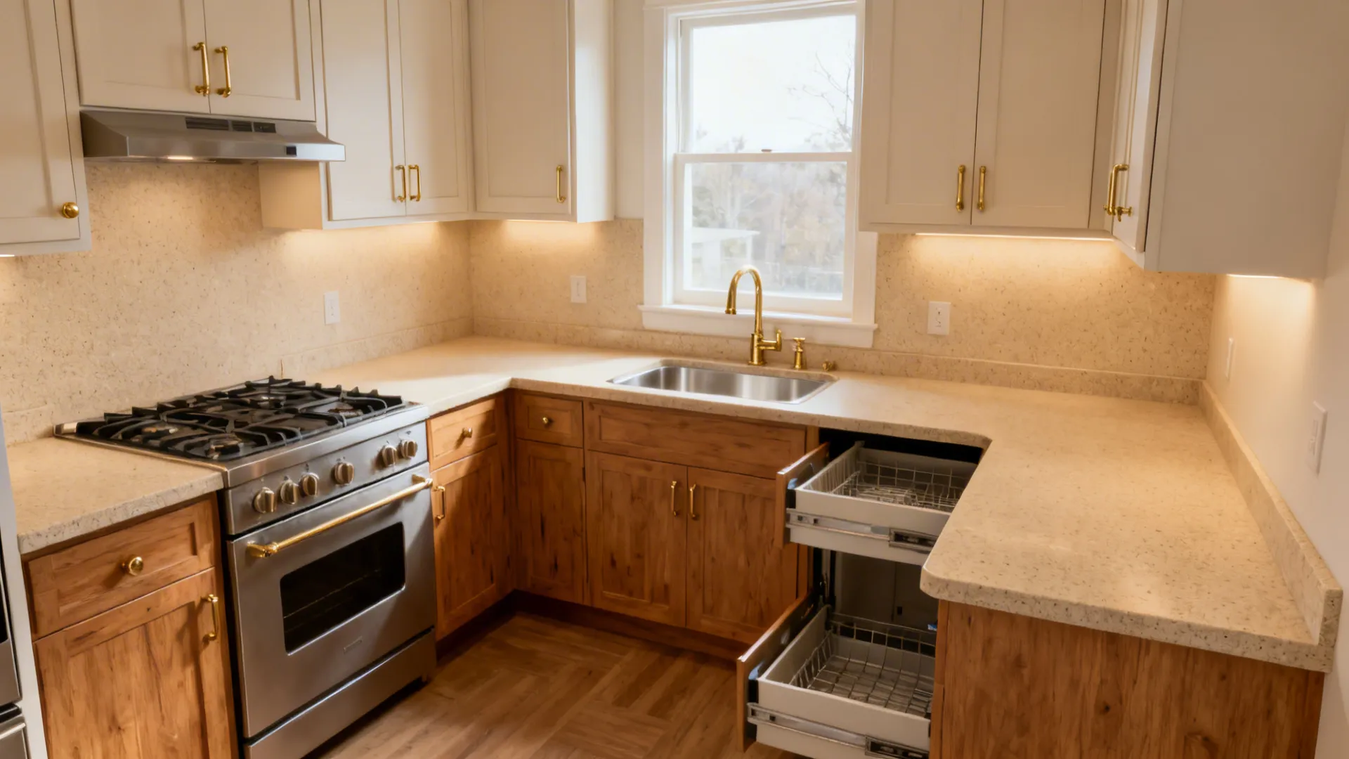 L-shaped kitchen featuring white upper cabinets wood lower cabinets gas stove and an open dishwasher