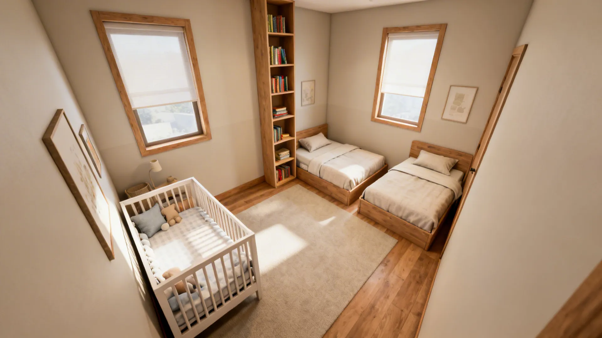 Nursery room interior with baby crib two single beds tall bookshelf and light wood flooring