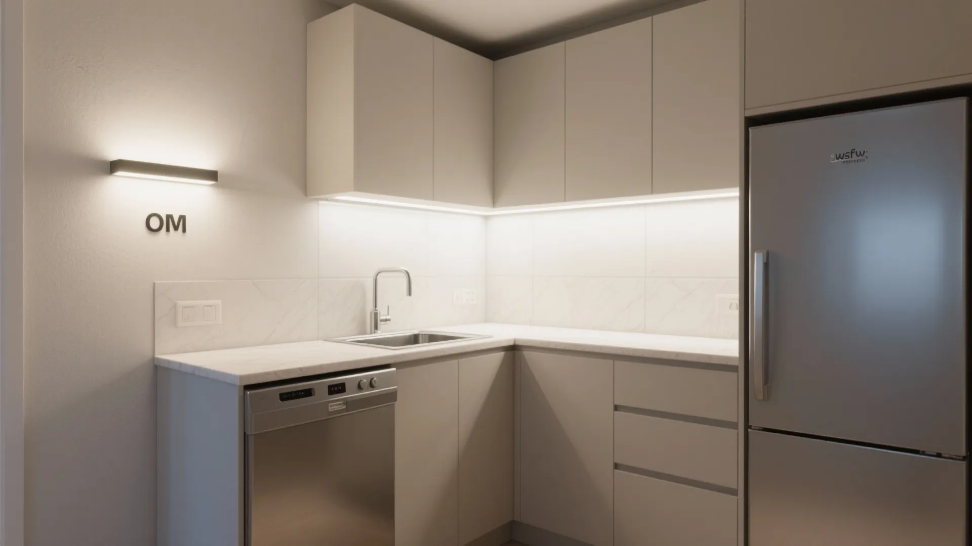 Compact L-shaped layout with layered lighting