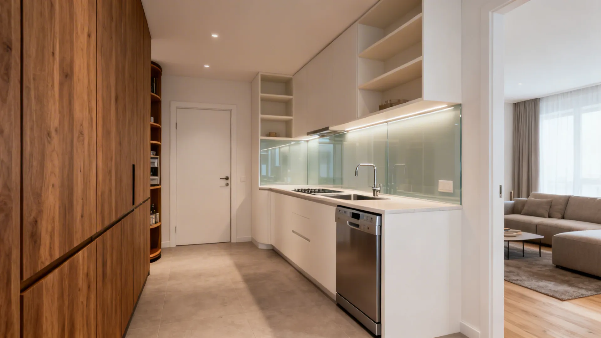 Compact open hall kitchen with L-shaped layout preserving circulation and light.