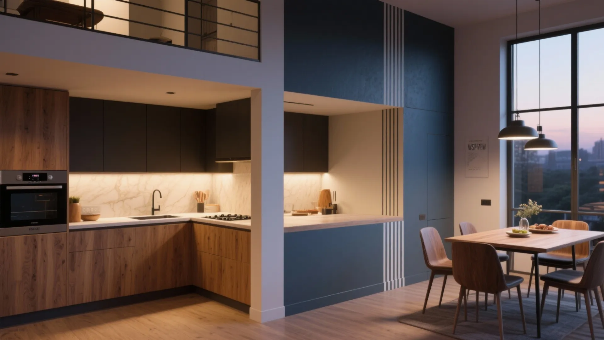 Modern kitchen with wood cabinets black appliances dining table wooden chairs and warm indoor light fixtures