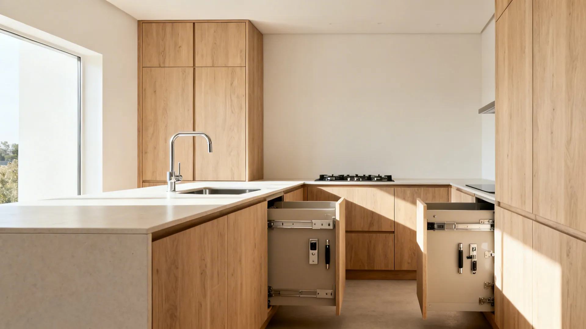 Compact L-shaped kitchen with long counter and a ceiling-high 600mm pantry block.