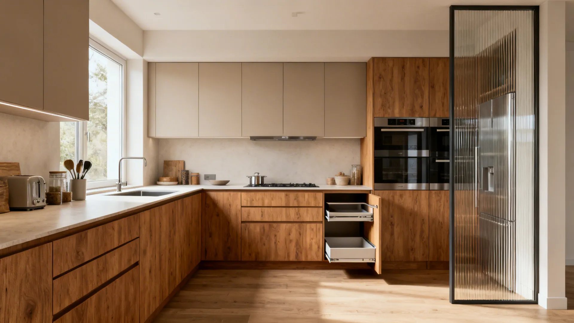 Small L-shaped kitchen with warm wood drawers and a slim full-height pull-out pantry.