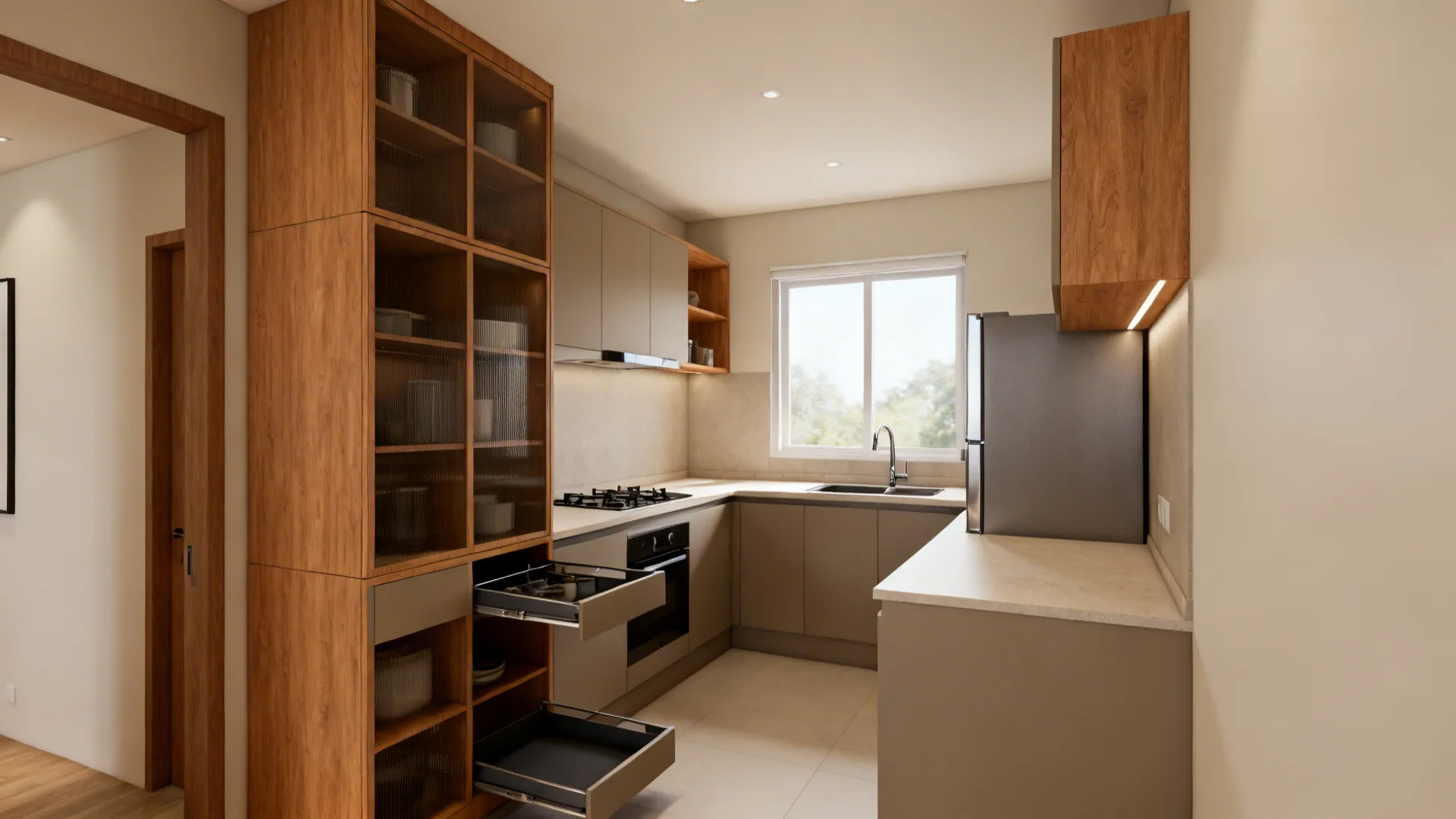 L-shaped HDB kitchen with a tall pantry tower and continuous counters.