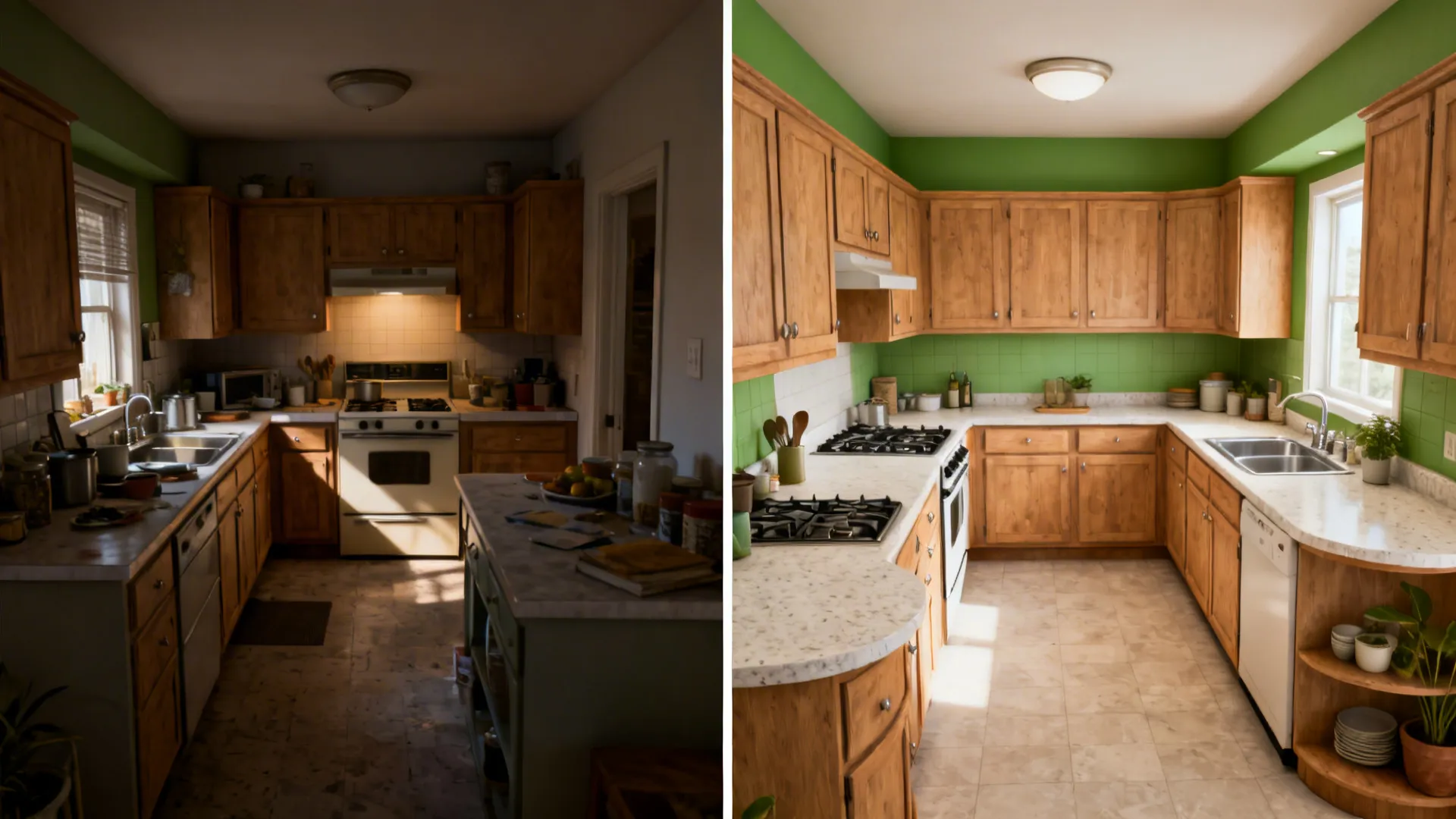 Before-after of a 9×8 ft kitchen transforming into an L-shape and parallel layout with clear zones.