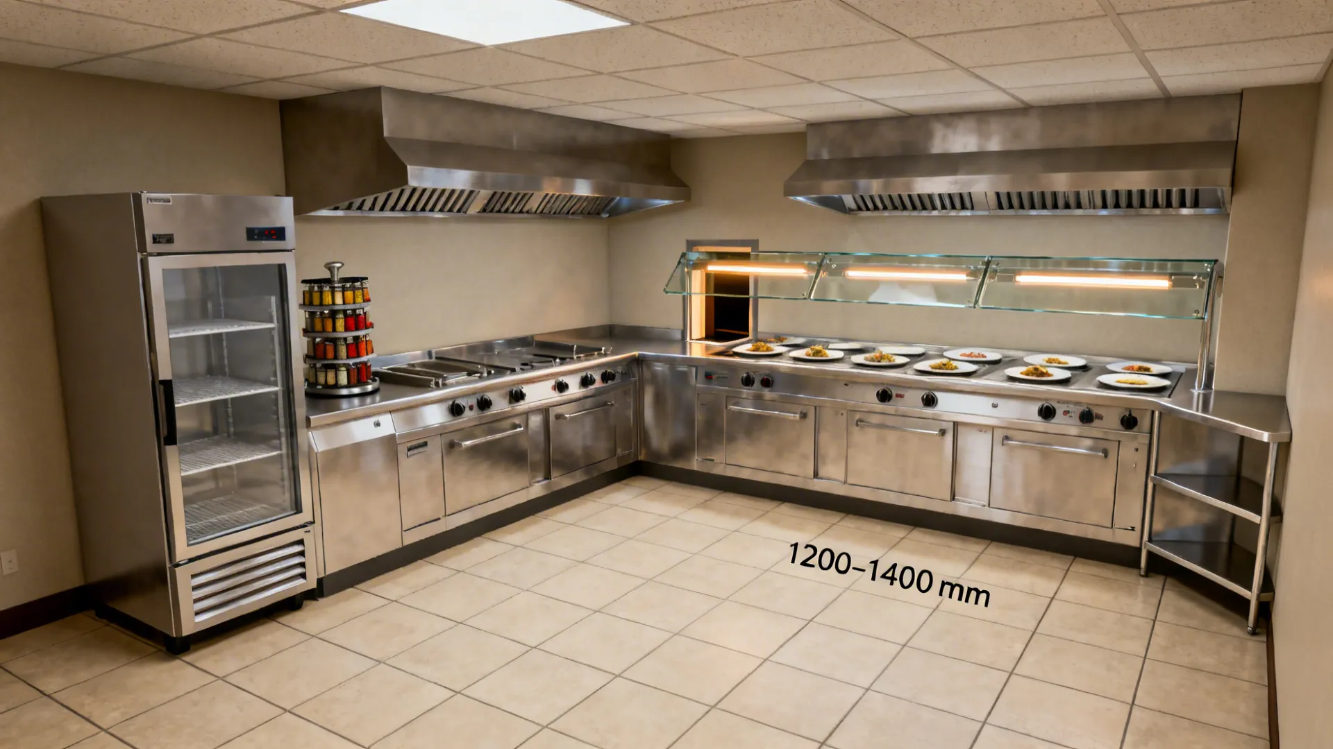 L-shaped cookline with a corner pass-through and refrigeration at the short leg for efficient service.