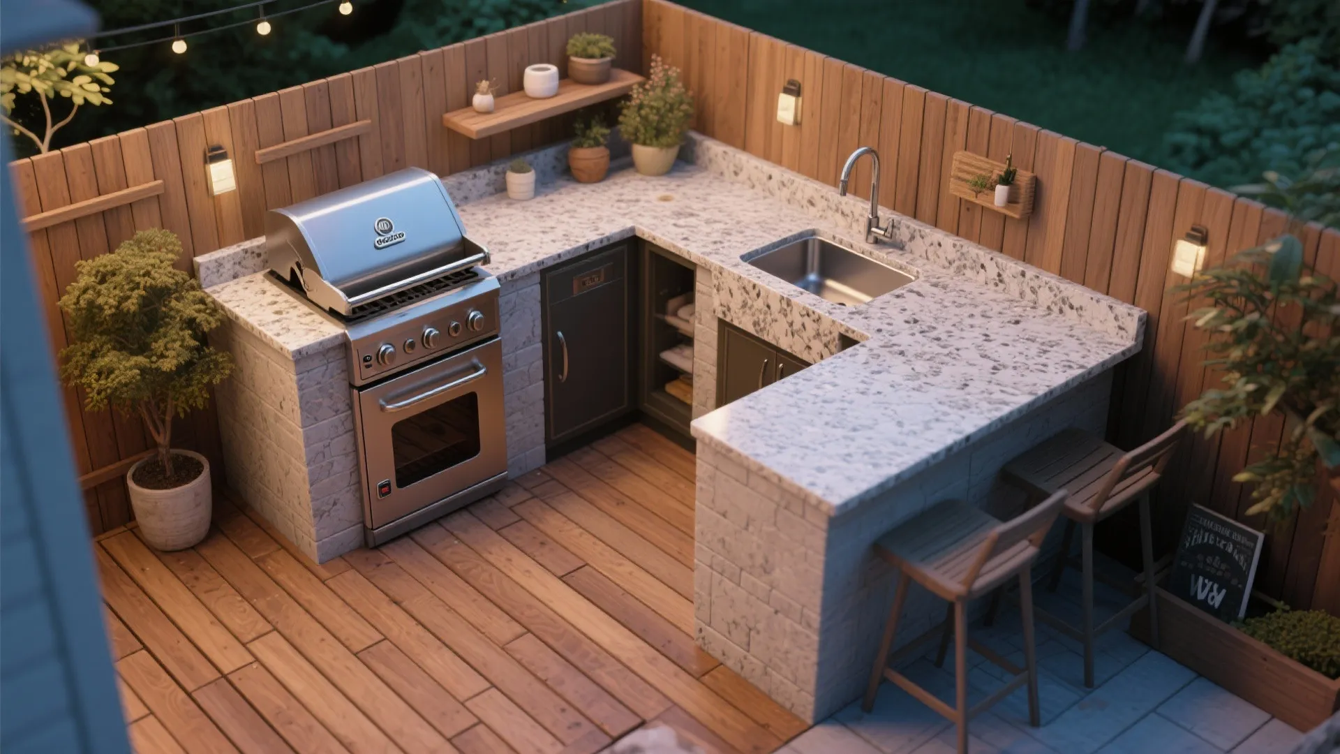 L-shaped outdoor kitchen with marble countertop featuring grill plus sink and wooden floor and walls