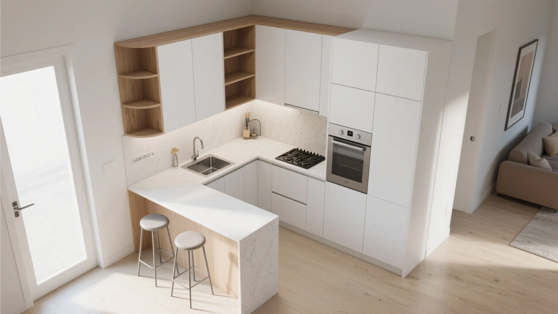 3) L-shaped micro-kitchen or a petite peninsula for flow