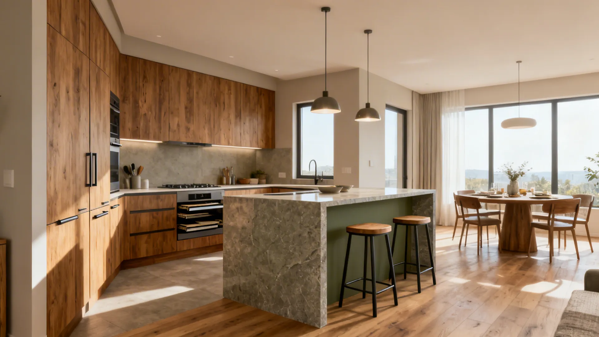 Modern kitchen with wood cabinets, stone island, green accents, bar stools, and a dining table