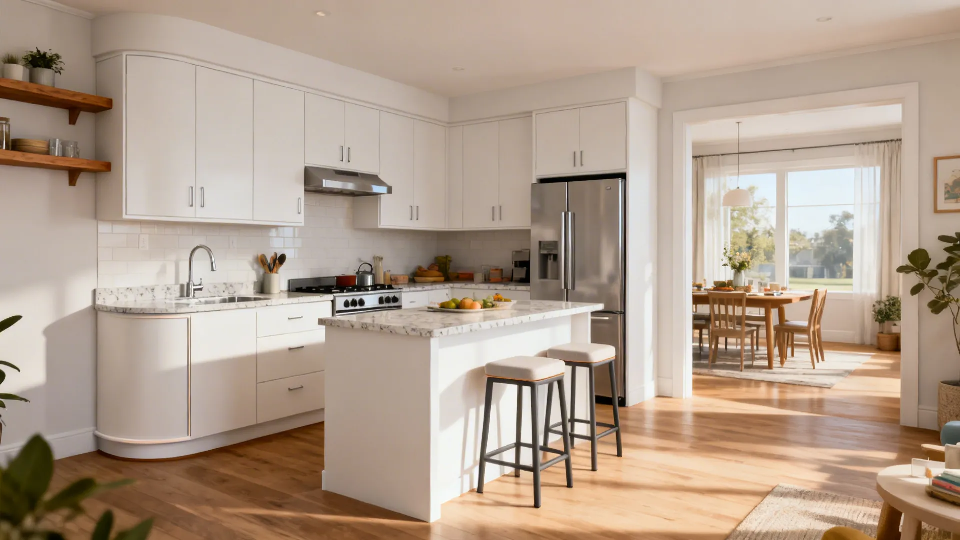 Compact L-shaped kitchen with a short peninsula and open sightlines to the dining area.