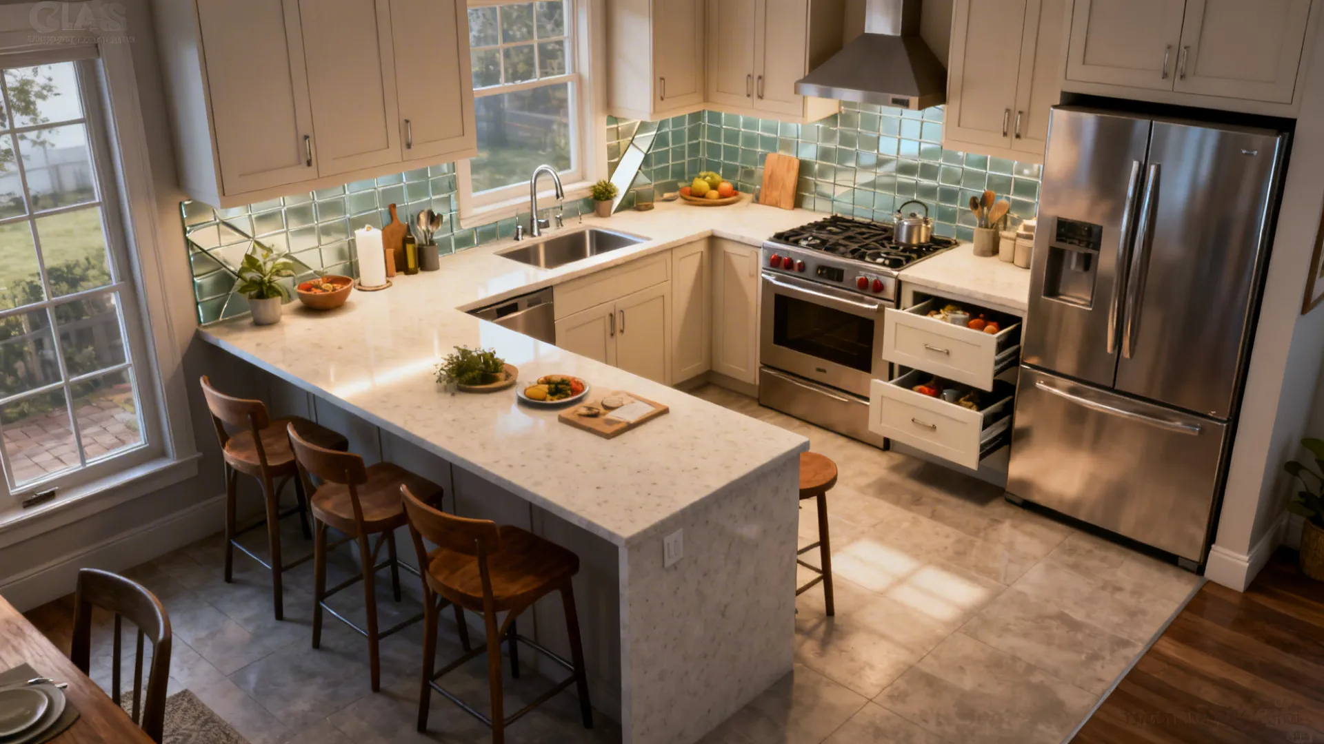 L-shaped 10x13 kitchen with a shallow peninsula, continuous counters, and comfortable aisle widths.
