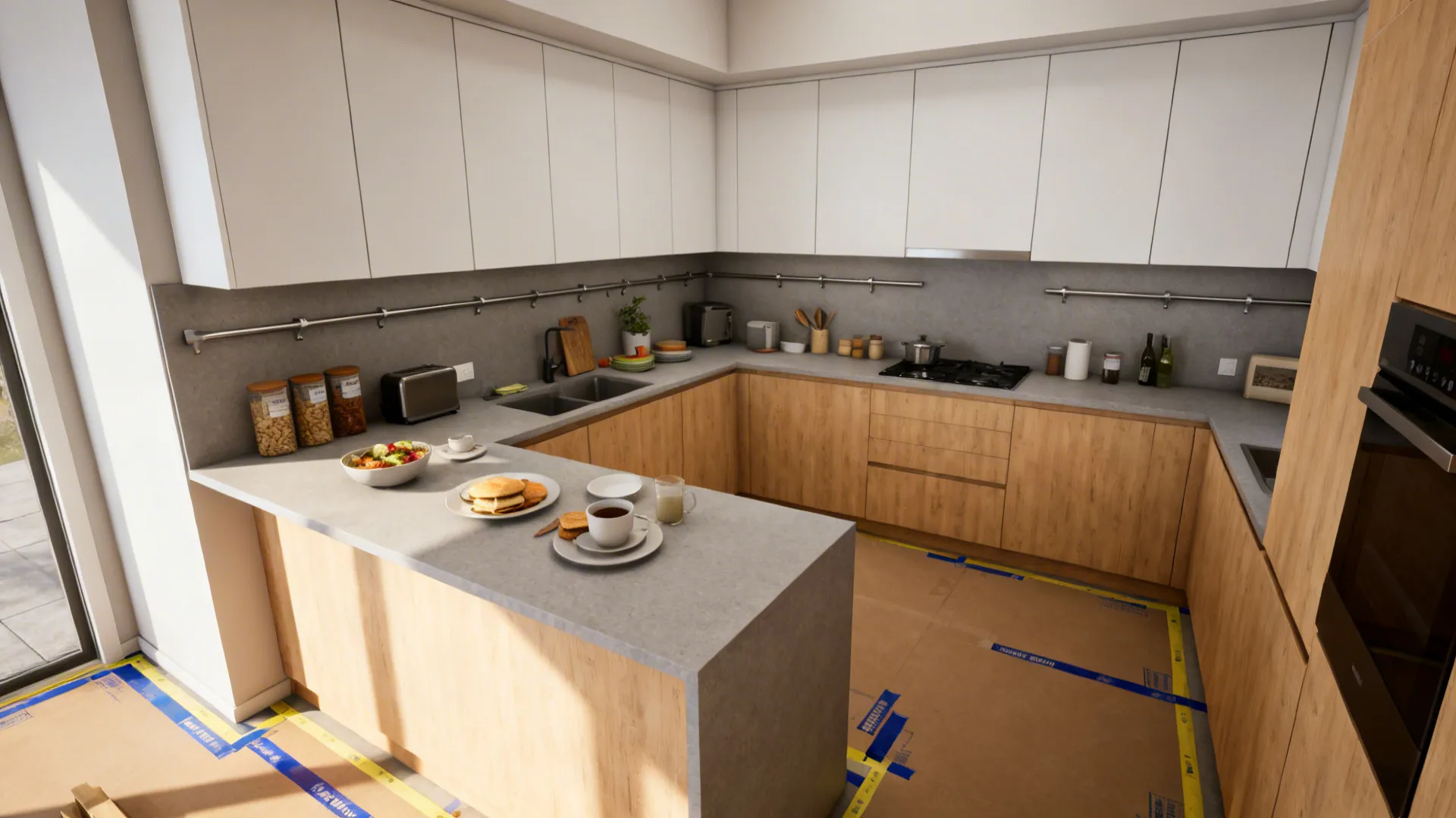 Compact L-shaped kitchen with a slim peninsula and clear 36-inch aisle space.