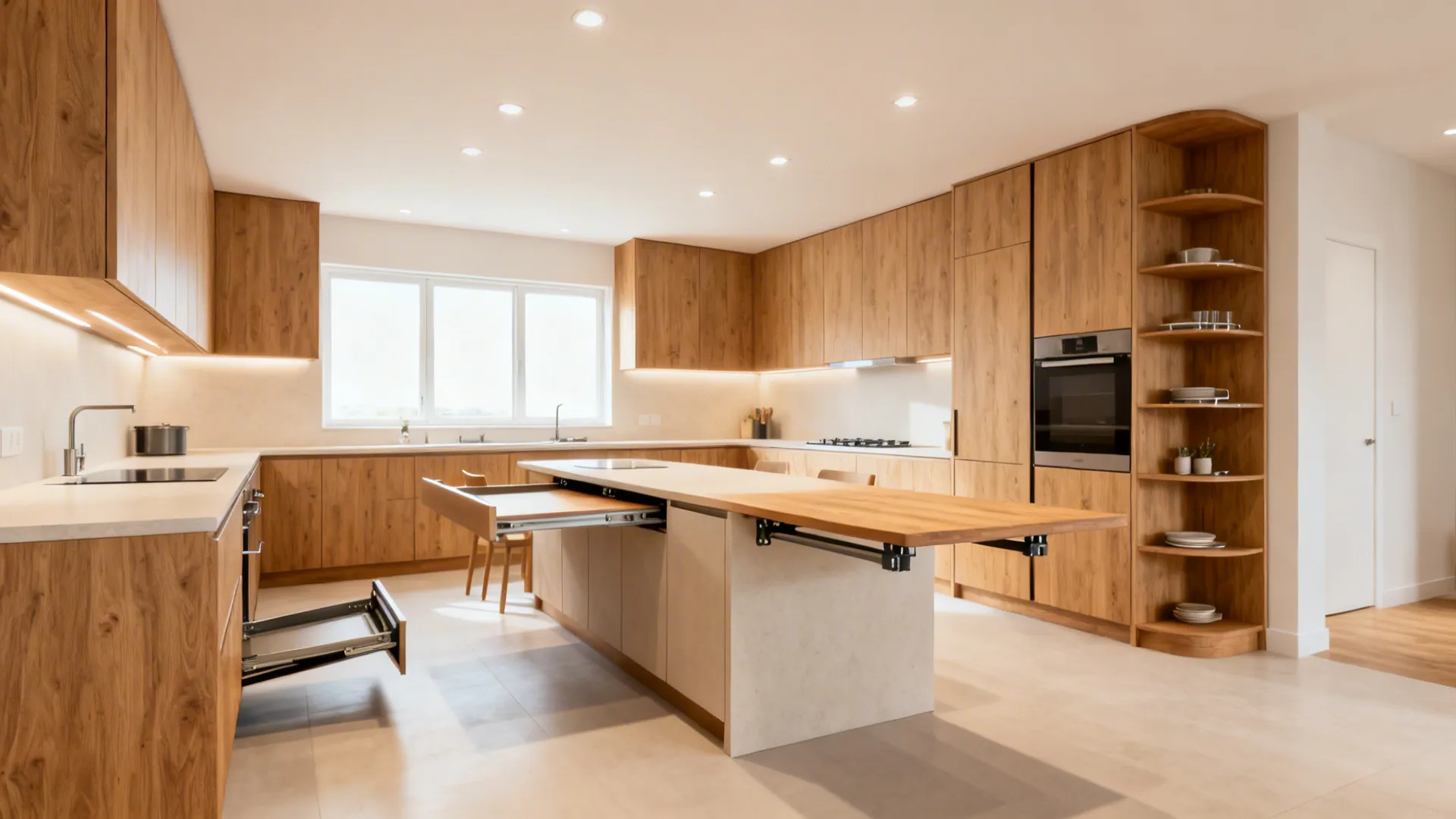 Compact L-shaped kitchen with a slim fold-down peninsula expanding the prep surface.