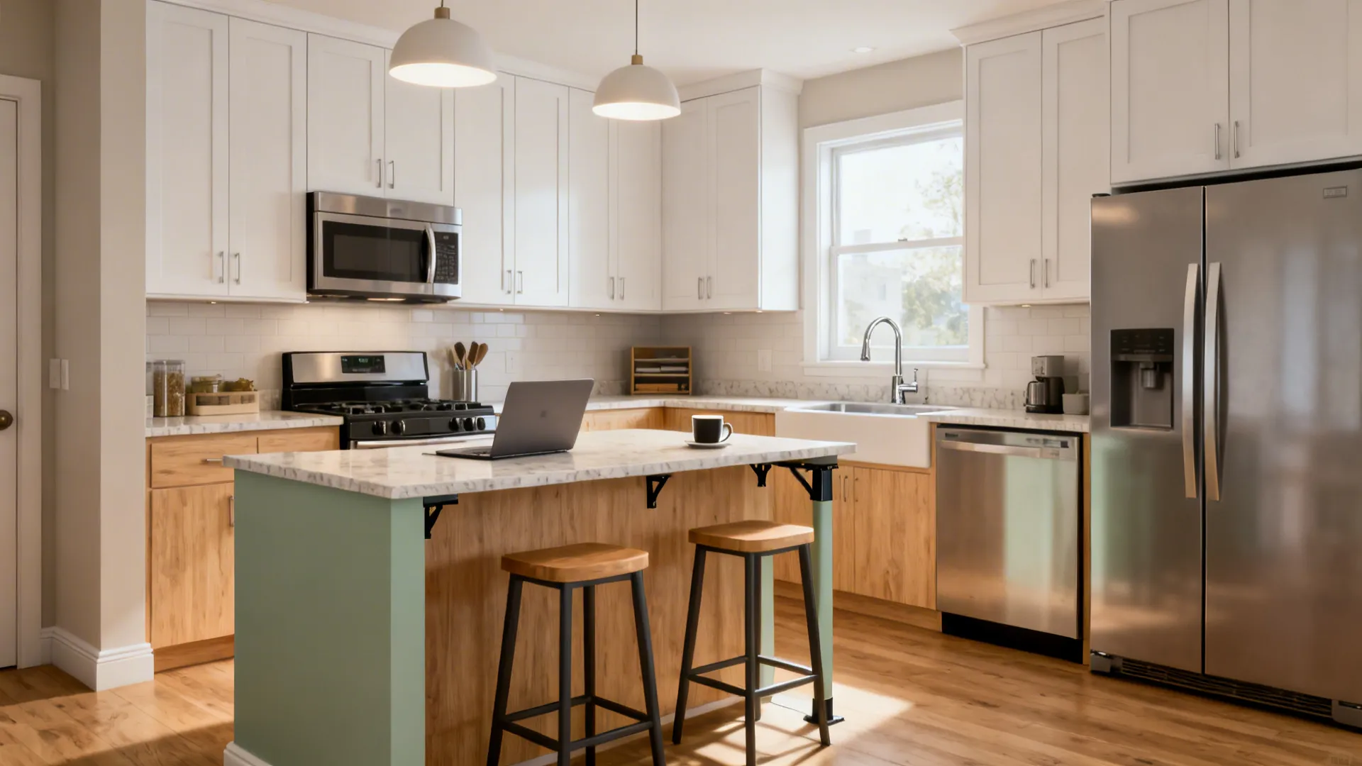 Modern L-shaped 12x12 kitchen with a slim peninsula and bright daylight, warm wood and white finishes.