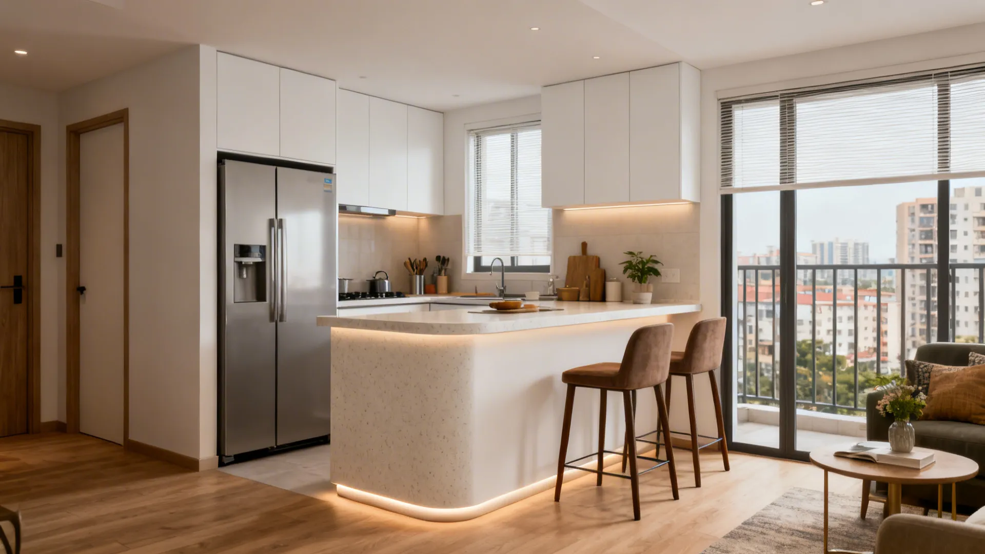 Compact L-shaped kitchen with slim peninsula seating, white cabinets, and pale quartz surfaces.