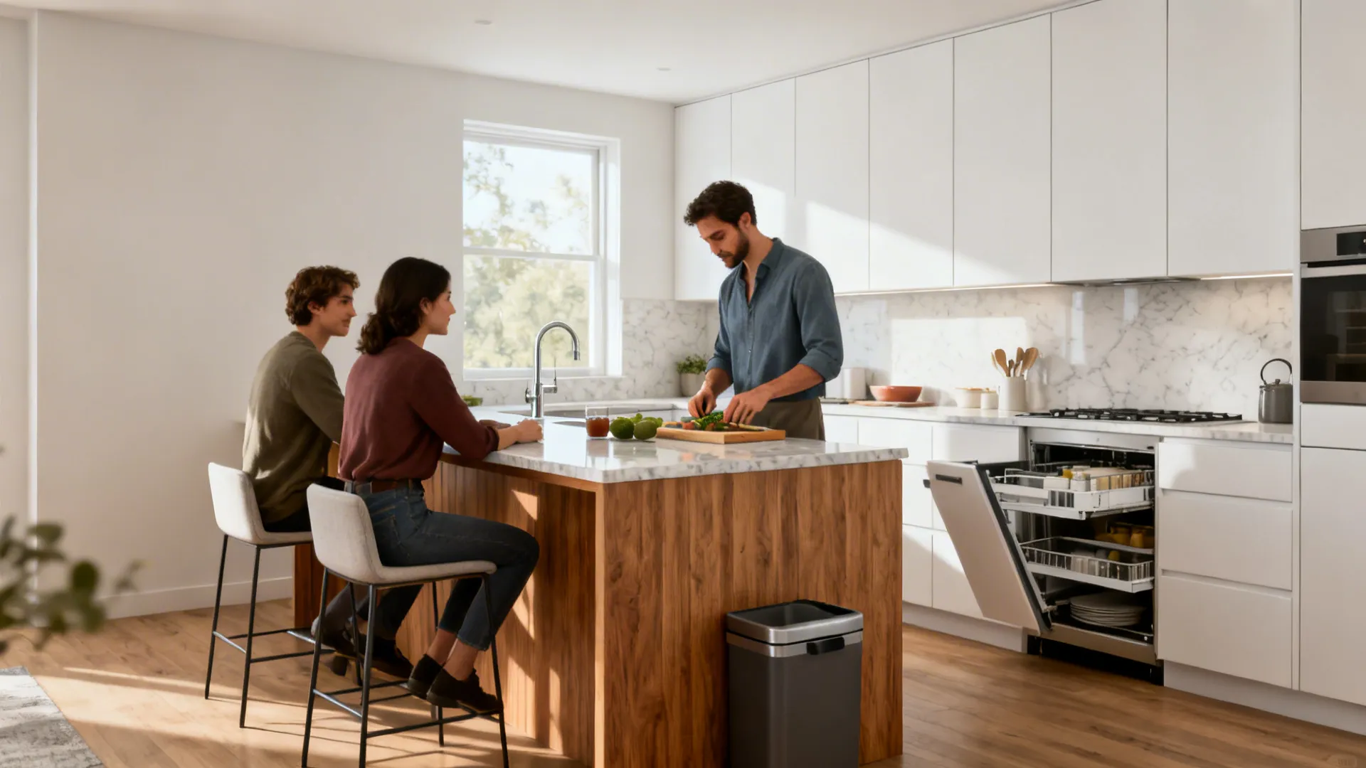 L-shaped 10x14 kitchen with slim peninsula seating, light cabinets, and quartz counters.