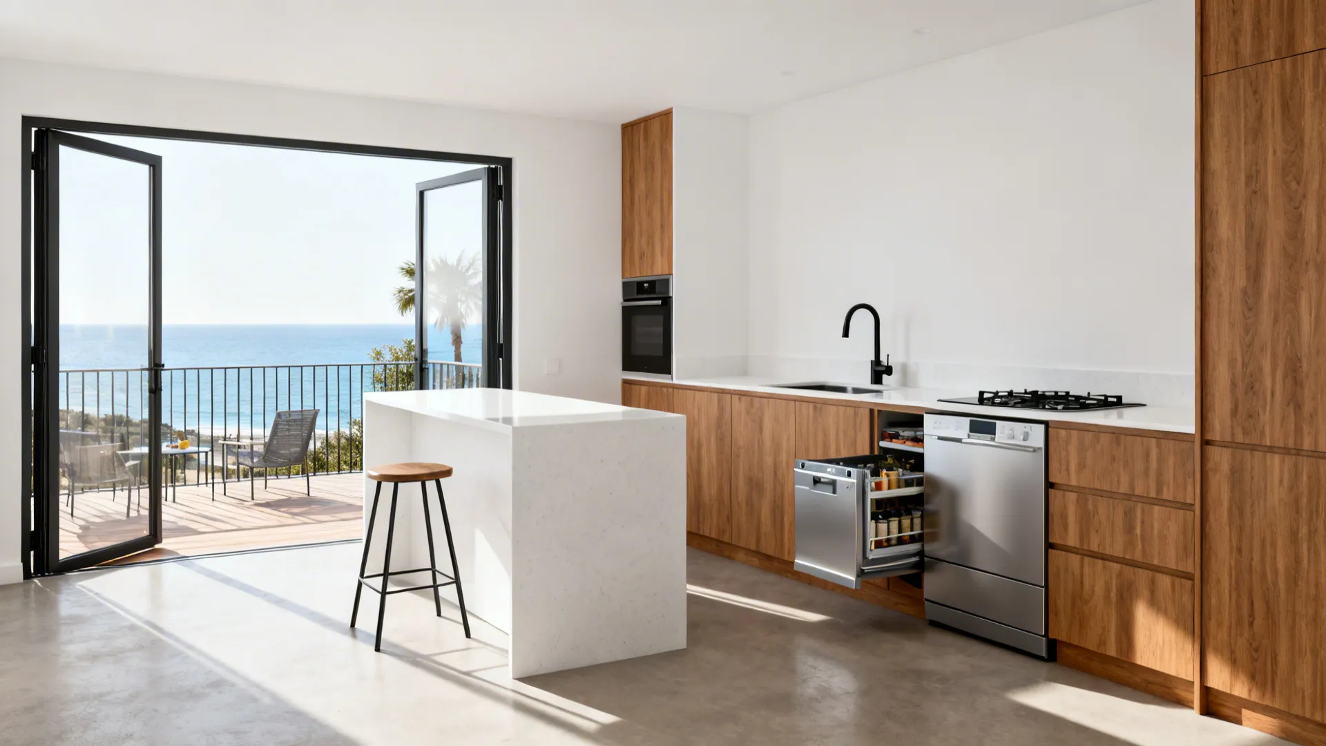 L-shaped kitchen with a slim peninsula and open flow to terrace in soft daylight.