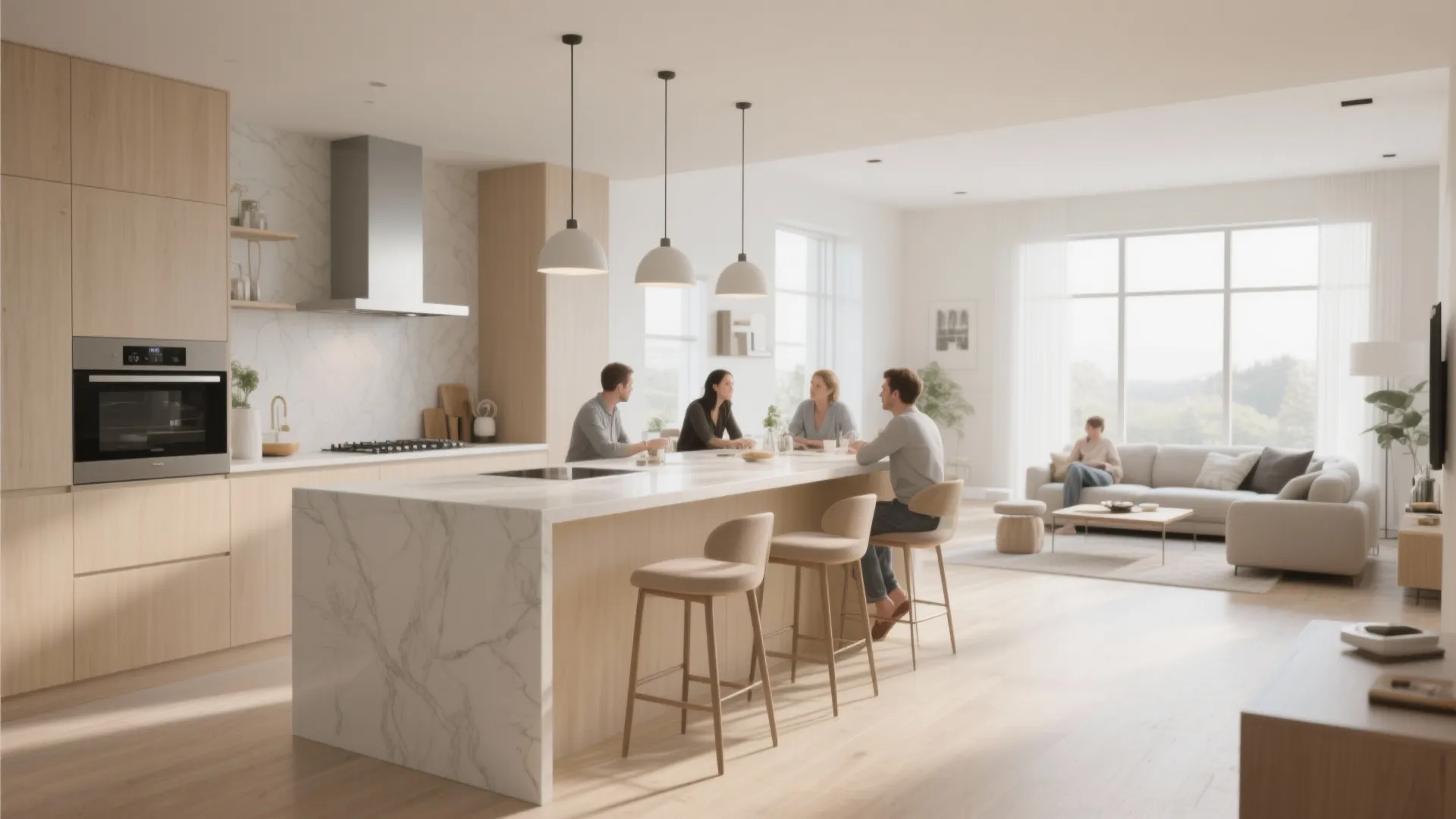 Open kitchen and living area with people sitting at a long marble island under lights