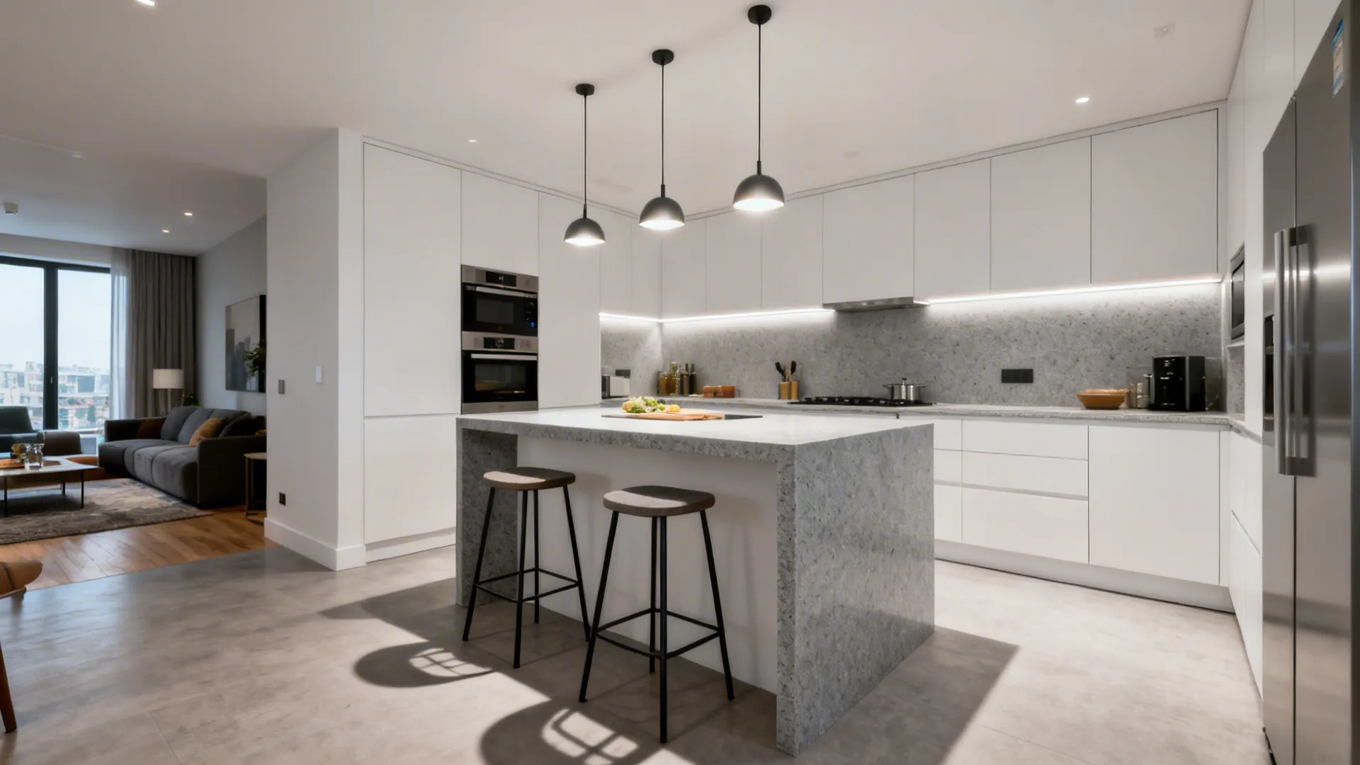 L-shaped kitchen with slim peninsula and clear 42–48 inch walkways in an open plan.