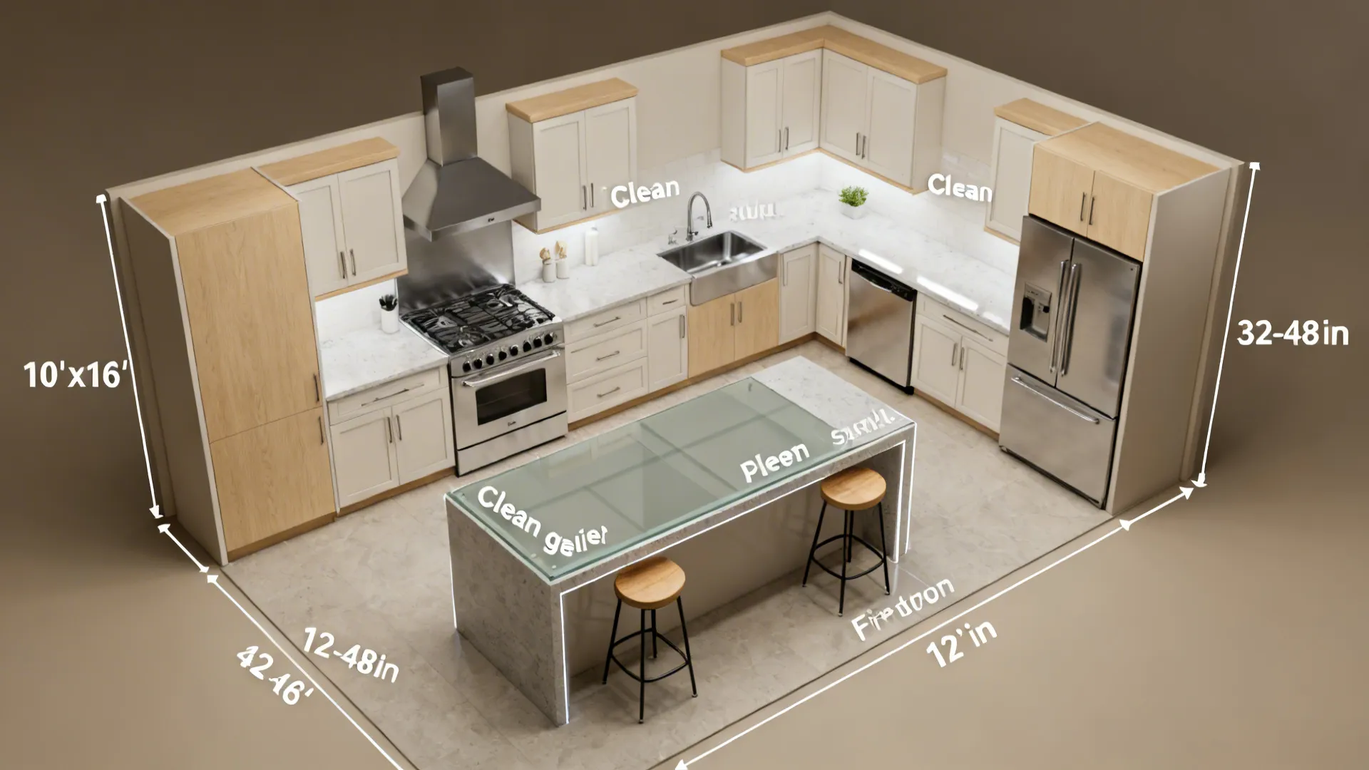 Top-down view of L-shaped kitchen with prep peninsula and clear 42–48 inch aisles.