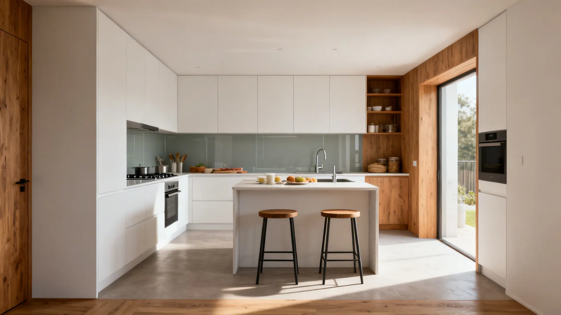 Modern L-shaped kitchen with compact peninsula seating and clear workflow.