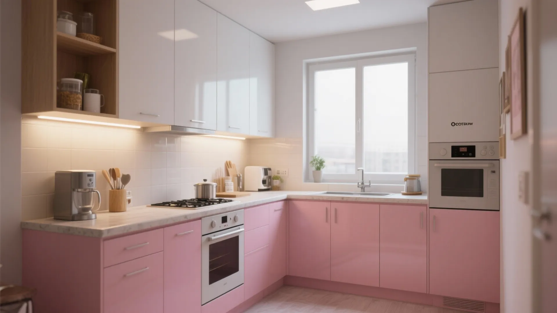 4. L-Shaped Layout with Pink Lower Cabinets