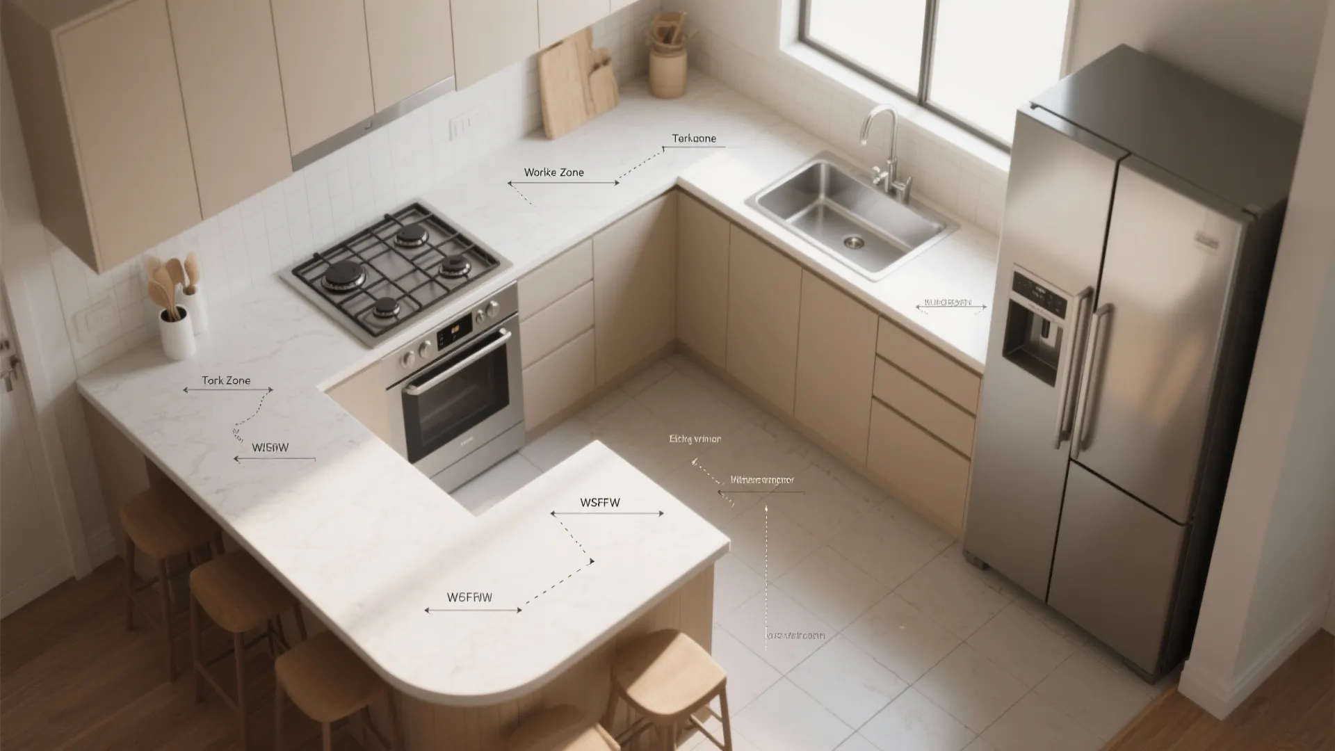 Top view of an L-shaped kitchen layout showing the stove sink fridge and work zones