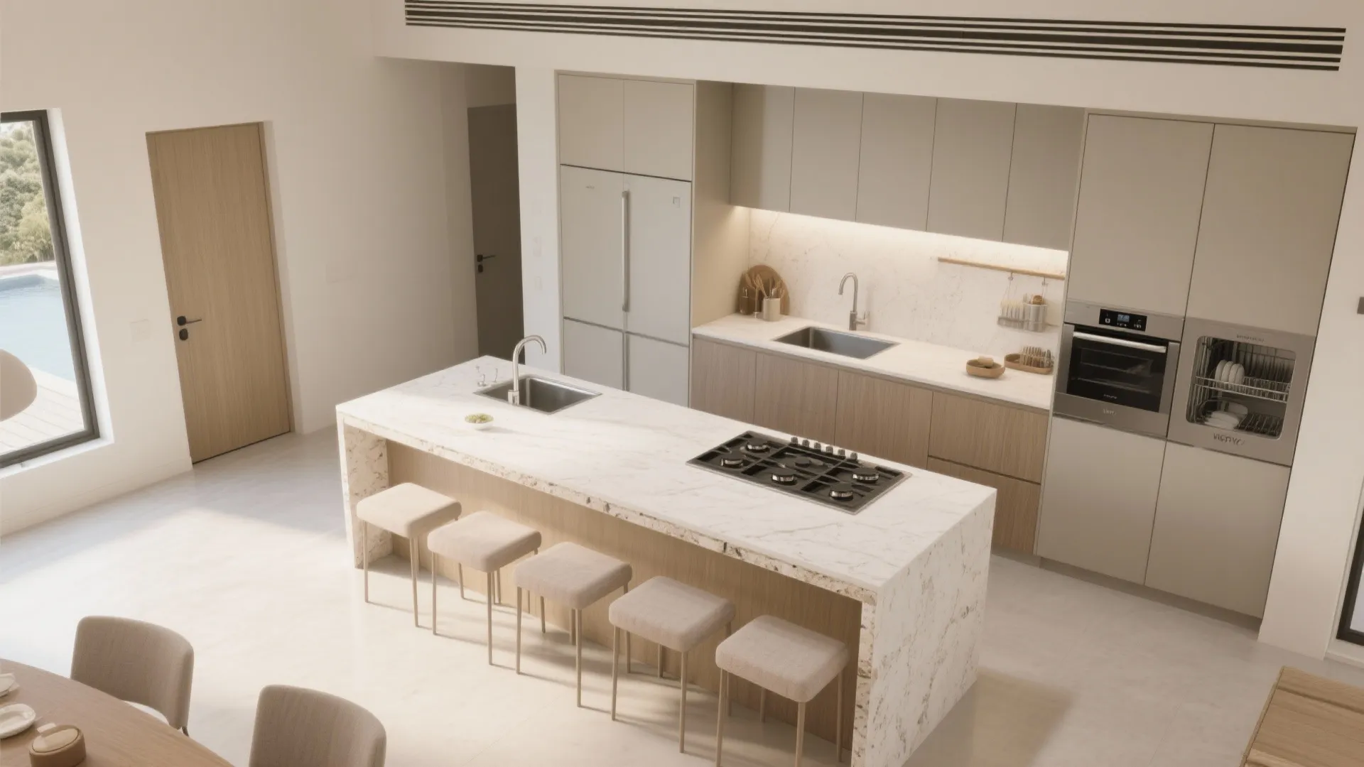 Show kitchen + back kitchen, anchored by an L-shape