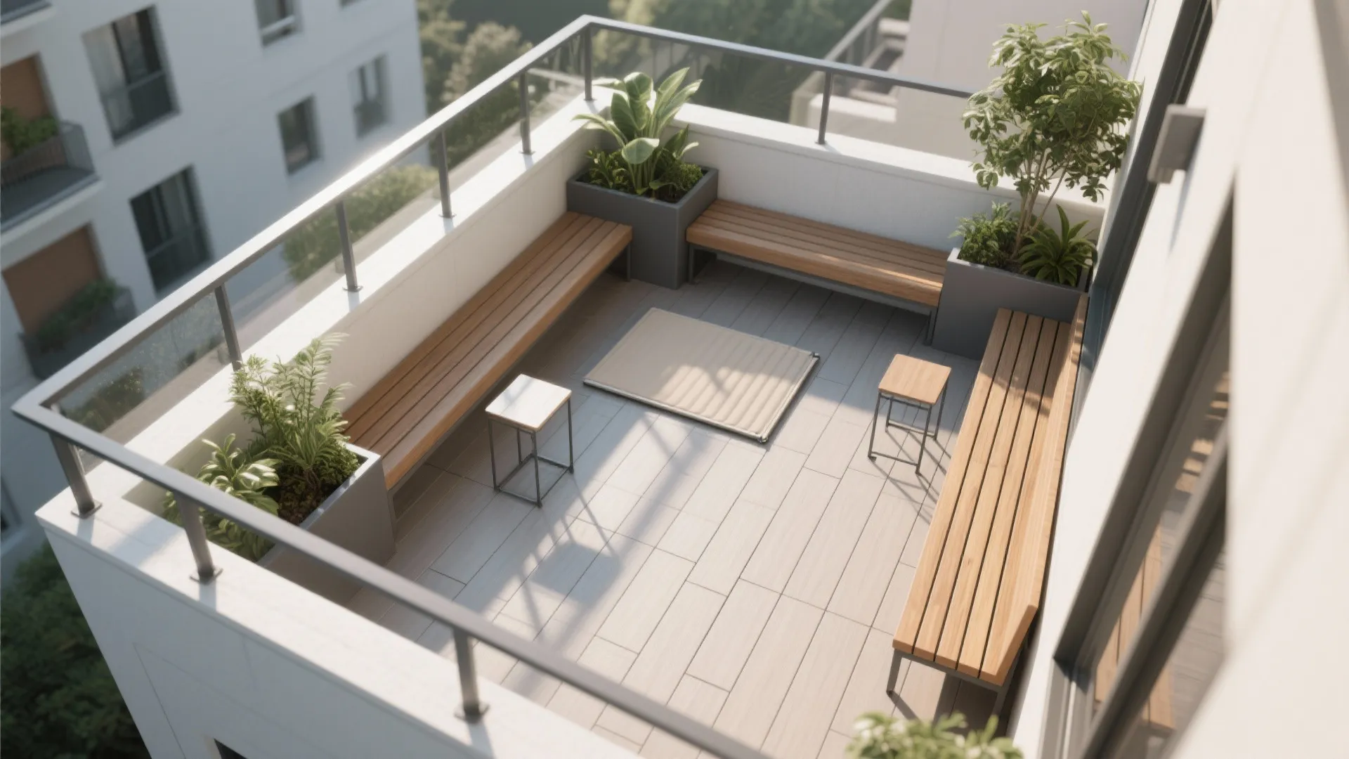 Modern apartment balcony with wooden benches green plants small tables and floor mat in bright daylight