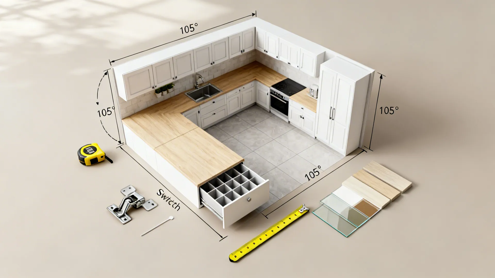 Flatlay of L-shaped kitchen planning tools with hinge, organizer, and finish swatches.