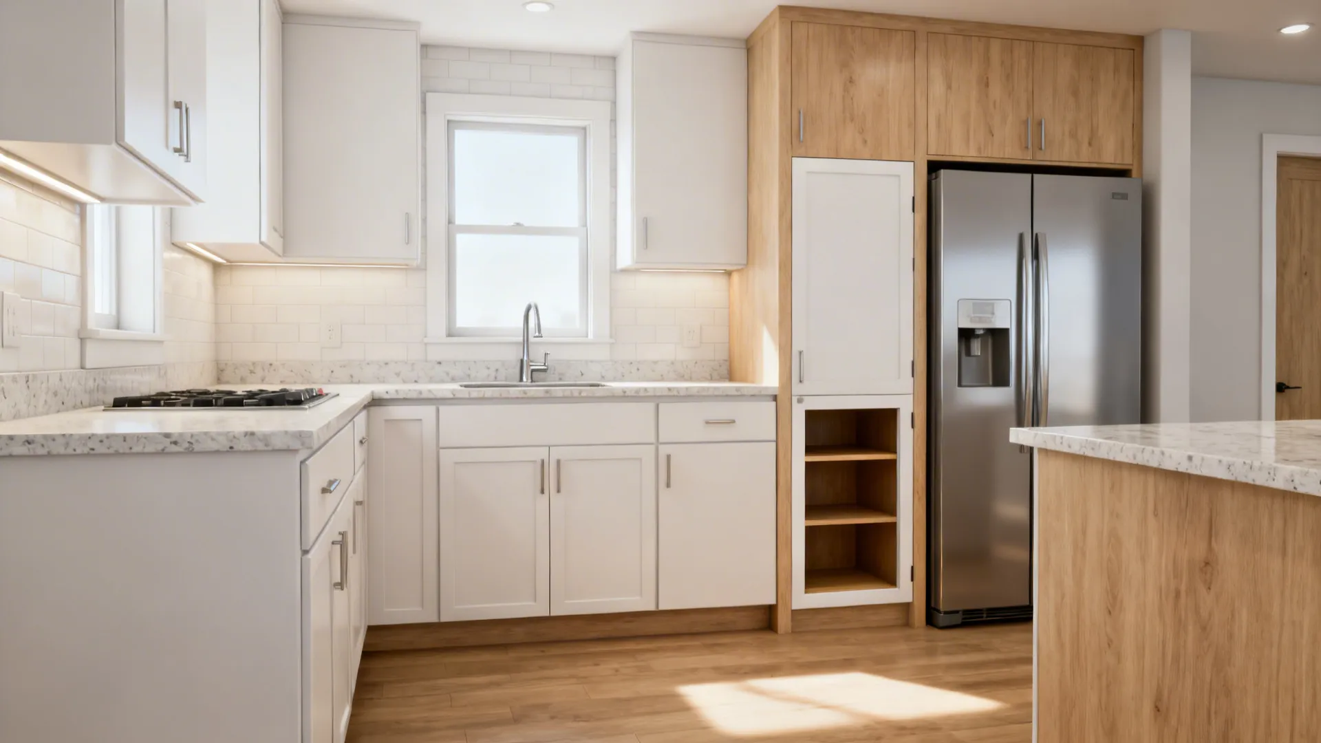 L-shaped 12x12 kitchen with a pocket-door shallow pantry beside the fridge in warm white and wood tones.
