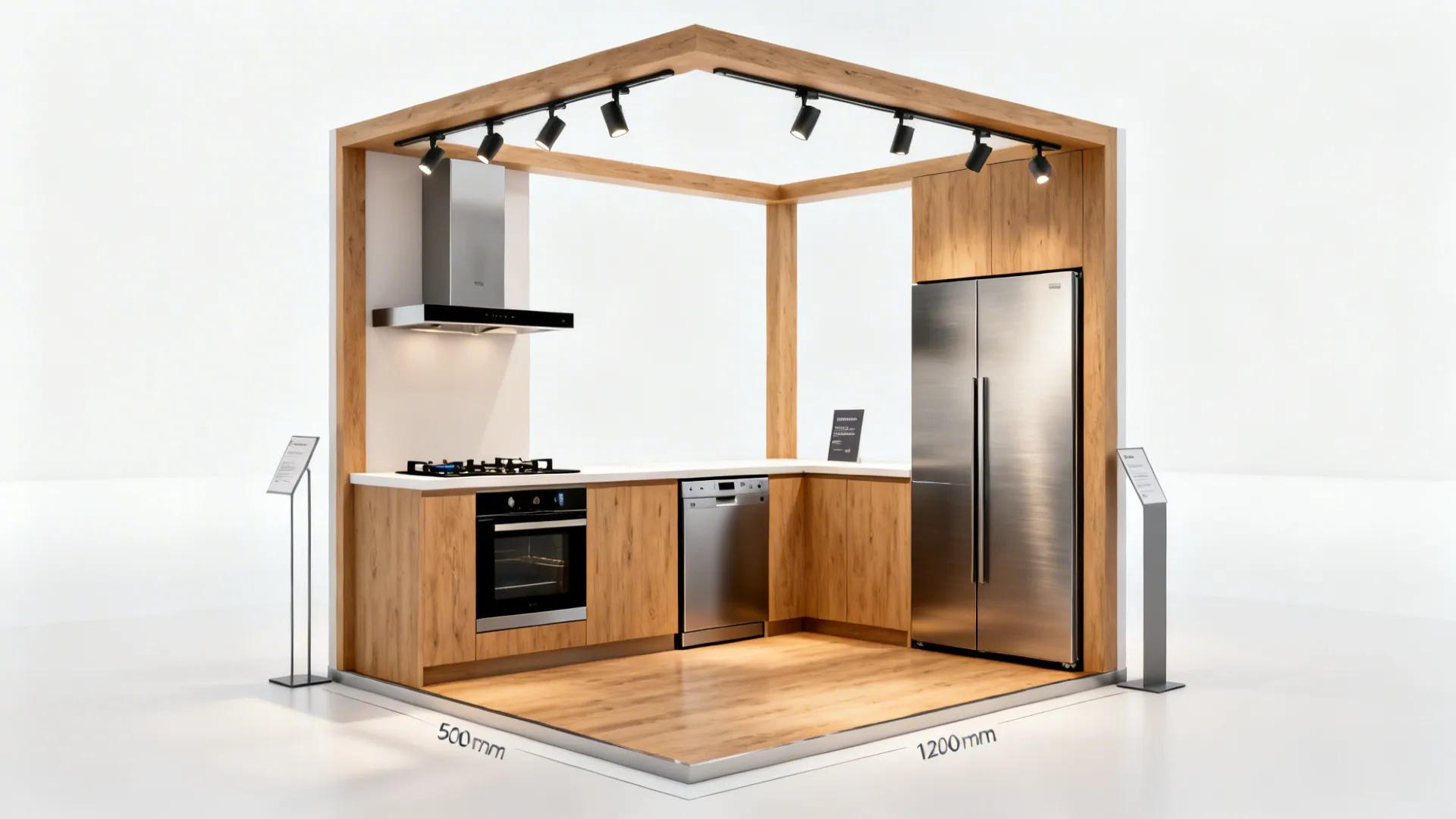 L-shaped kitchen pod showing hood, induction cooktop, wall oven, and slim dishwasher with clear aisles.