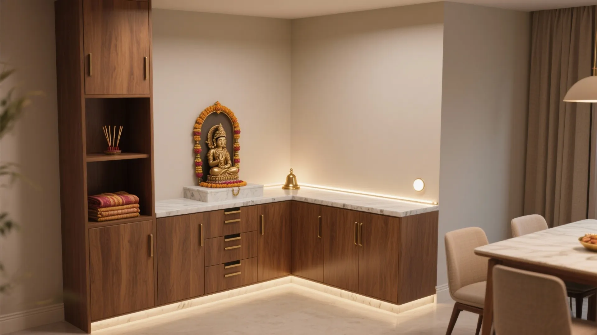 Corner room layout with wooden cabinets and a gold statue on a white marble top