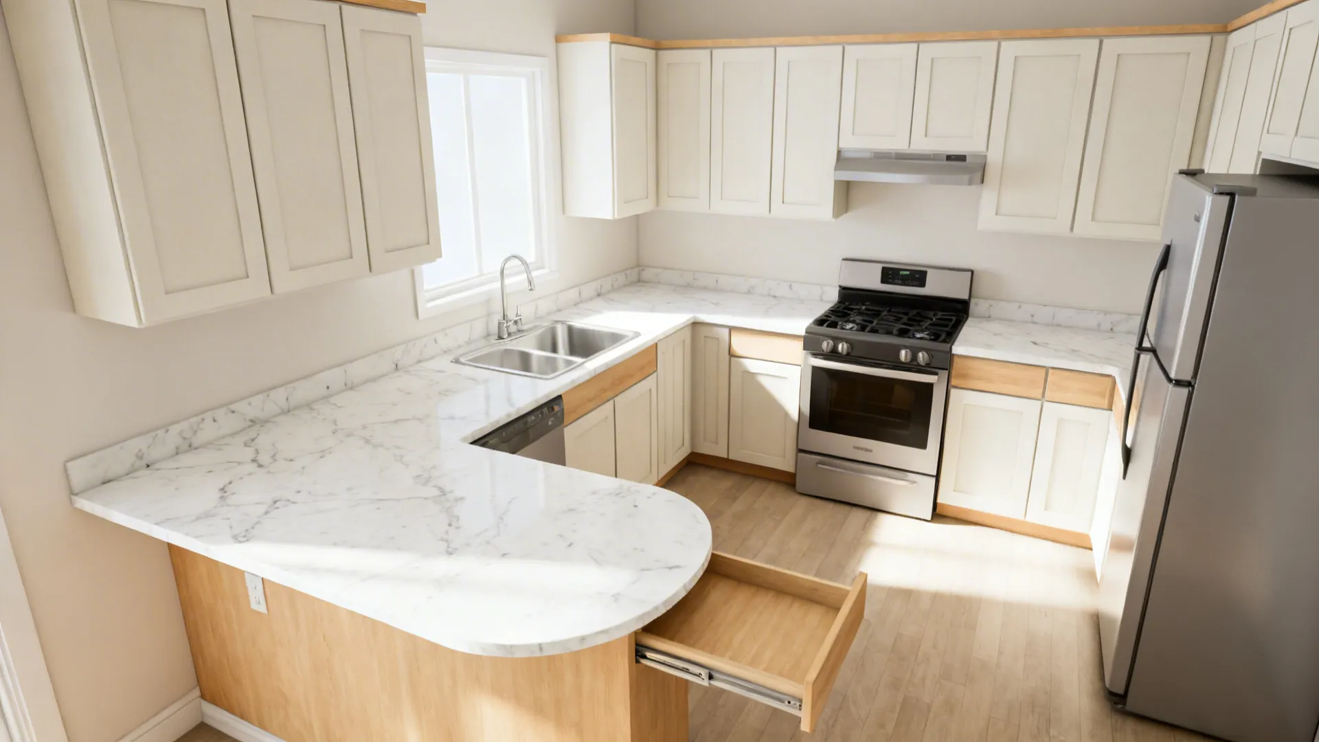 L-shaped 10x8 kitchen with a pull-out prep board and corner carousel for storage.