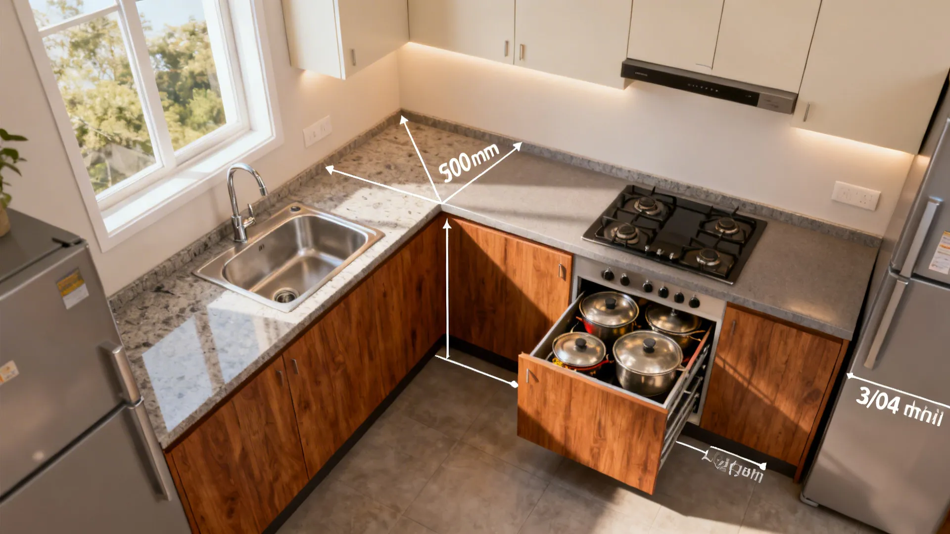 L-shaped semi modular kitchen with a 900 mm prep zone and corner carousel for heavy cookware.