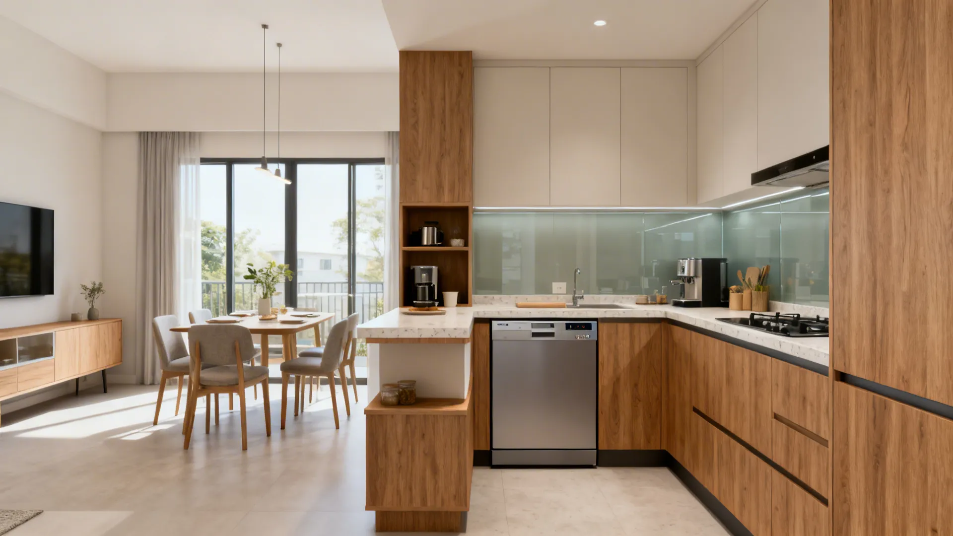 Compact L-shaped kitchen with a slim add-on prep wing and integrated 45 cm dishwasher.