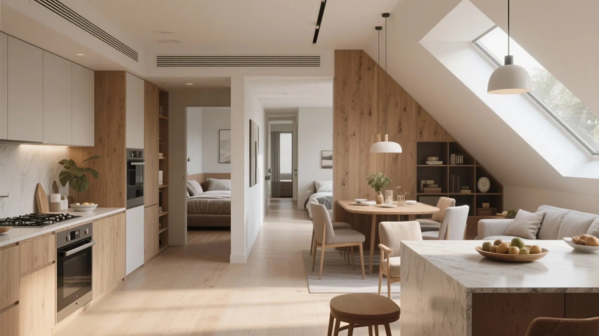 Open L-shaped living with private bedroom wing