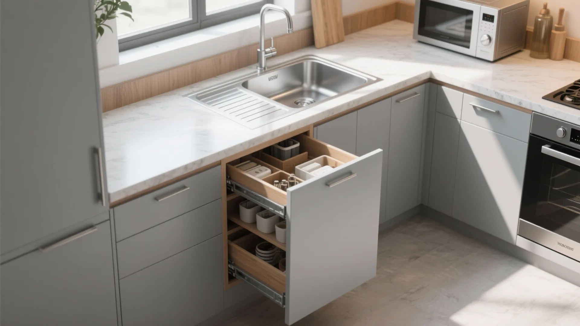 2. L-shaped counter with corner sink and pull-out storage