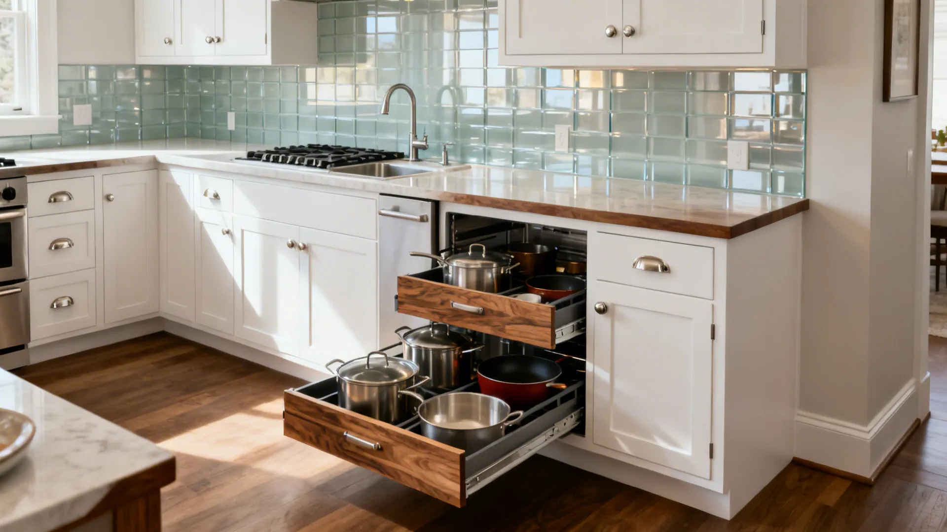L-shaped base cabinets with a modern pull-out corner system and a tempered glass backsplash.