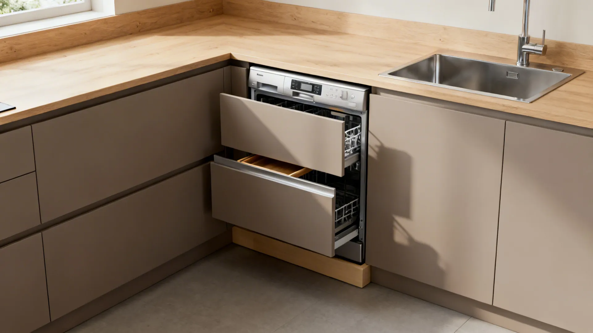L-shaped kitchen design with wood countertop metal sink and open beige drawer style dishwasher system