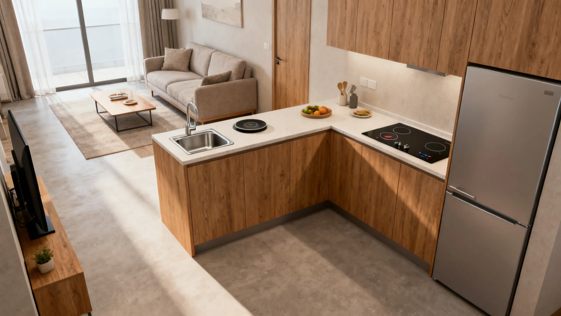 L-shaped micro-kitchen that respects the sofa