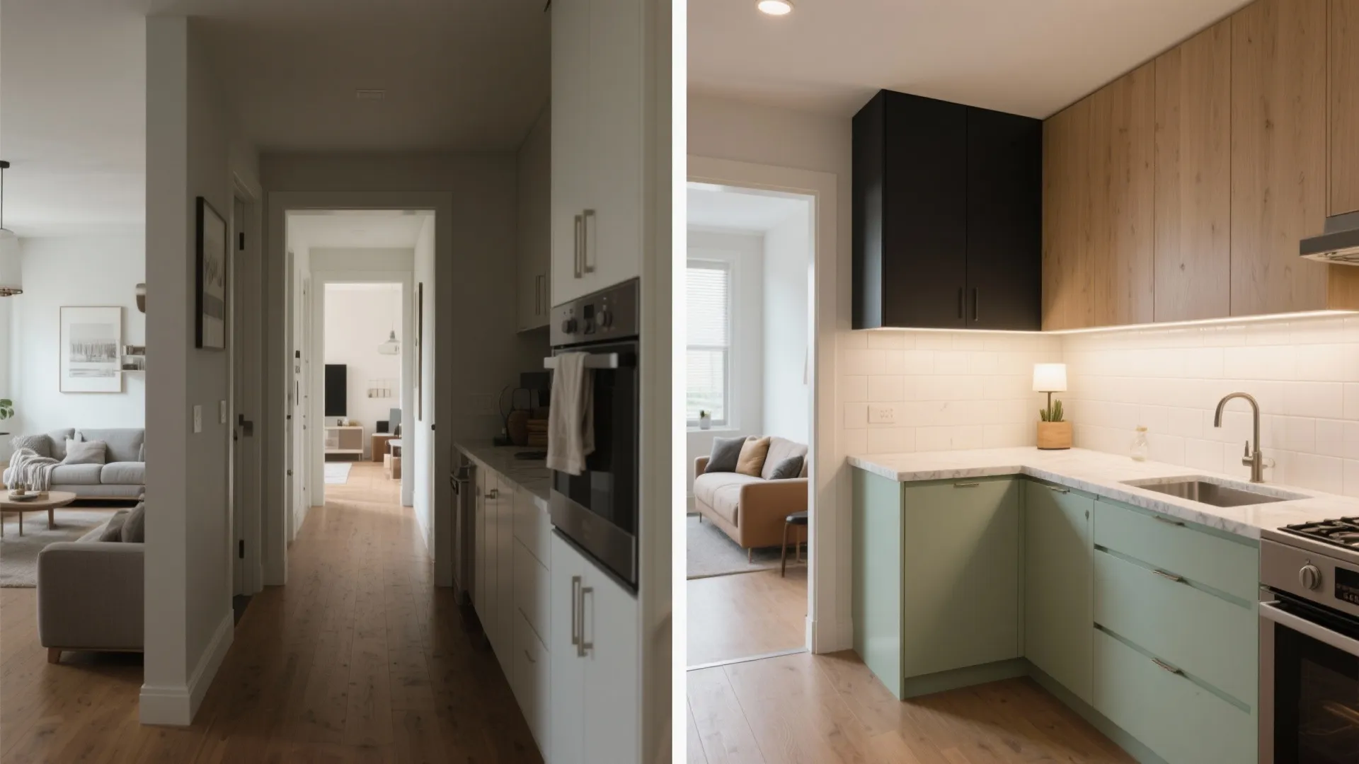 Before-and-after view showing a cramped galley transformed into an L-shaped kitchen with a short return wall.